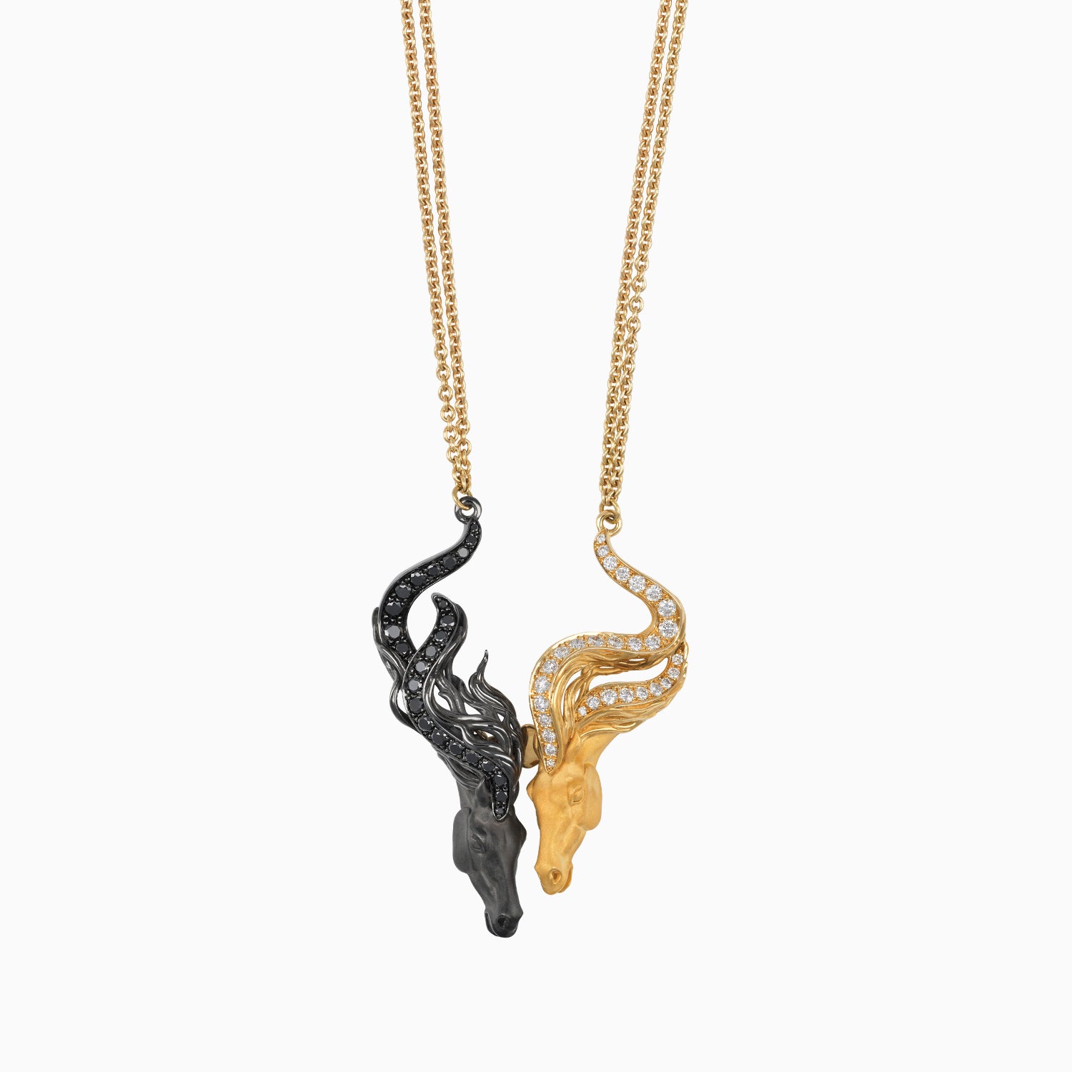 Cadena Doble con Dije Caballos 18k Oro Amarillo y Negro + Estuche
