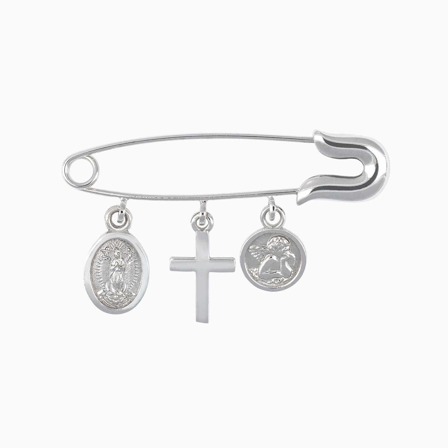 Personalized brooch with charms: Virgin, cross and angel 14k + Case