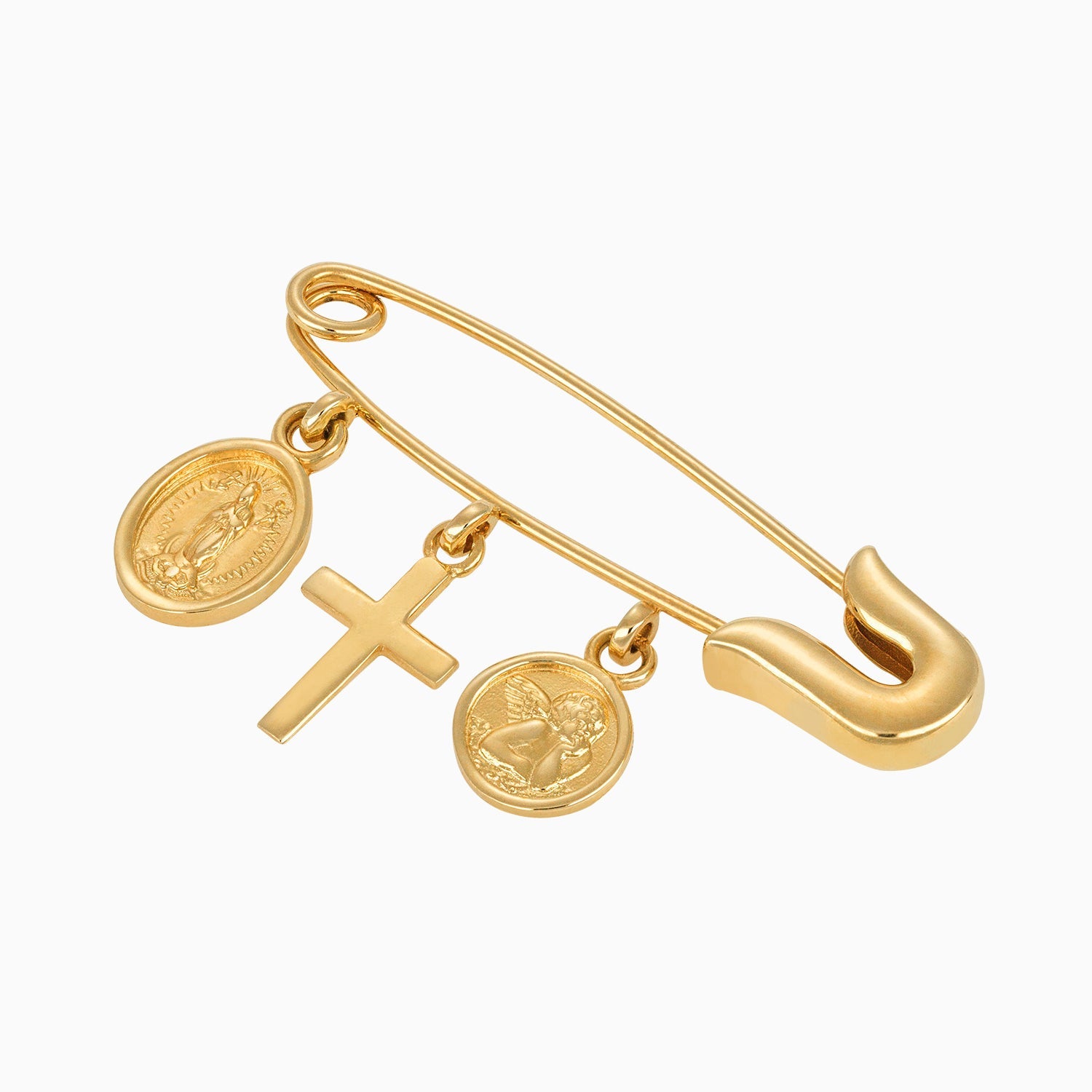 Broche personalizado broche seguro con dijes: virgen, cruz y ángel 14k + Estuche