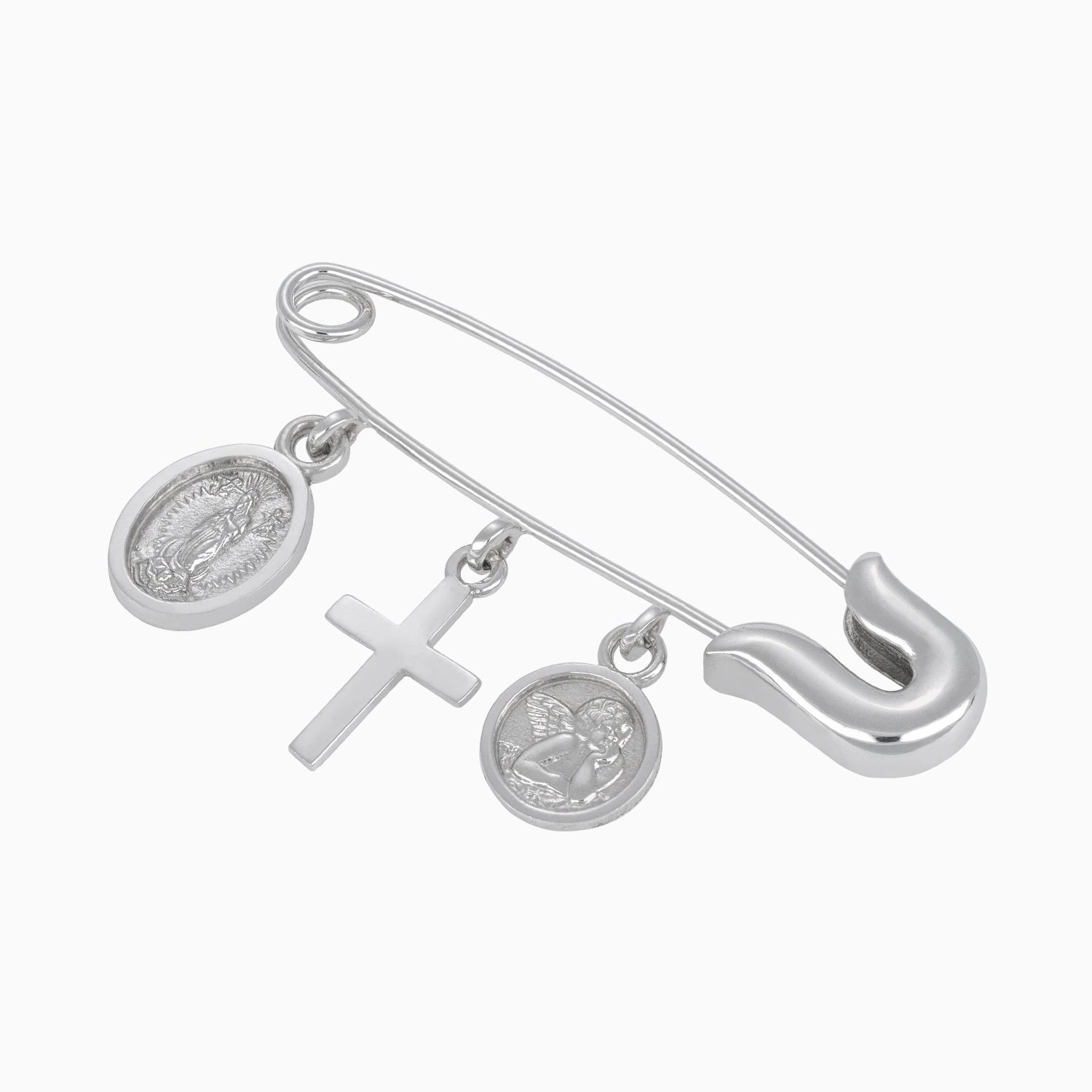 Personalized brooch with charms: Virgin, cross and angel 14k + Case