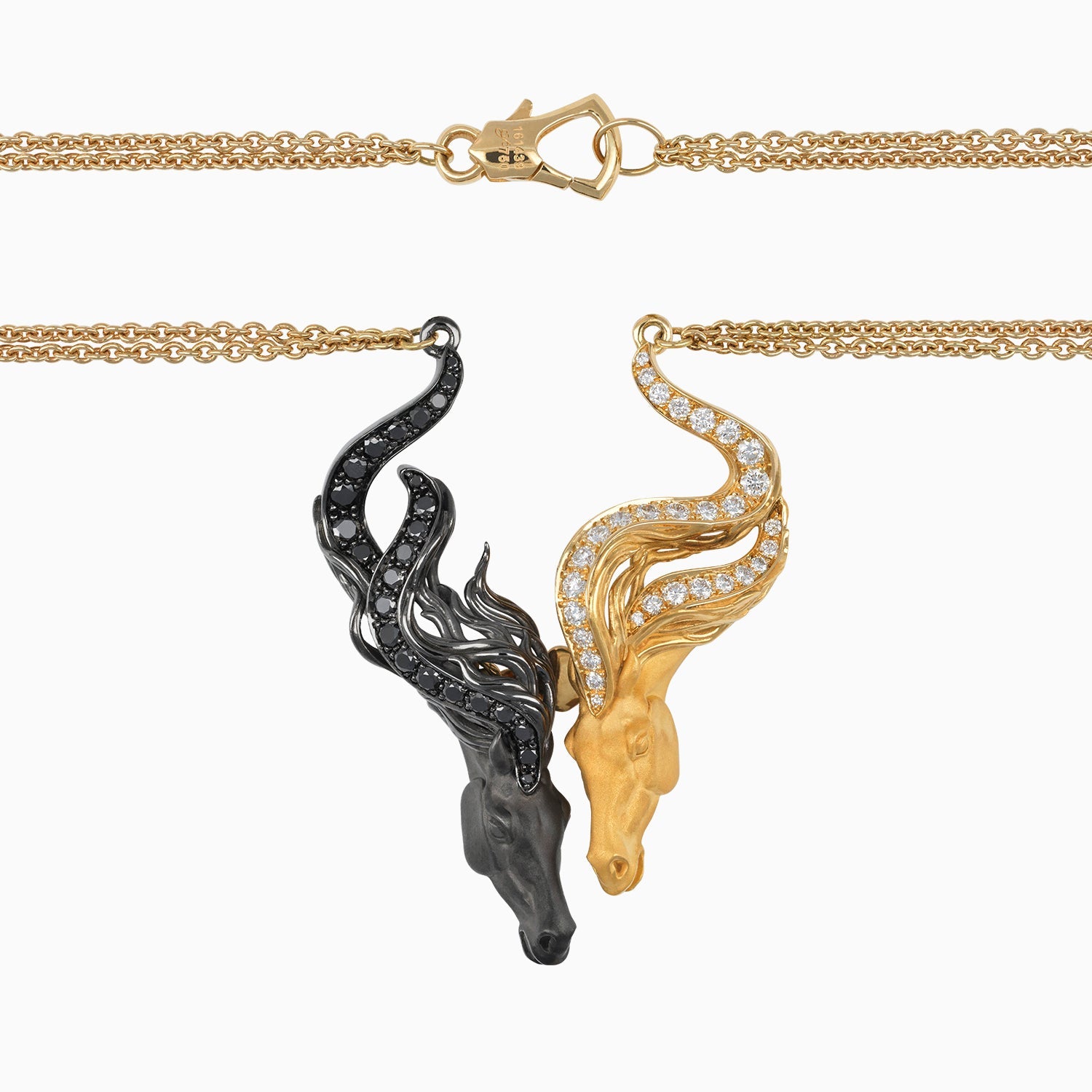 Cadena Doble con Dije Caballos 18k Oro Amarillo y Negro + Estuche