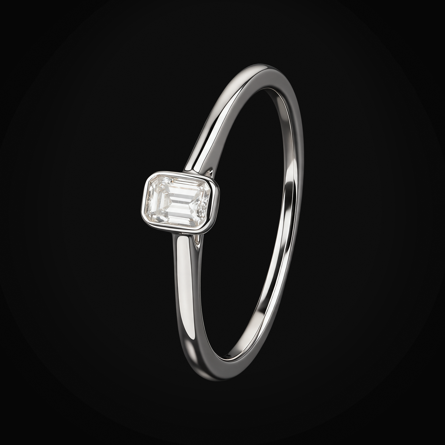 Anillo solitario de oro blanco 14K con diamante corte esmeralda 0.19 ct + estuche