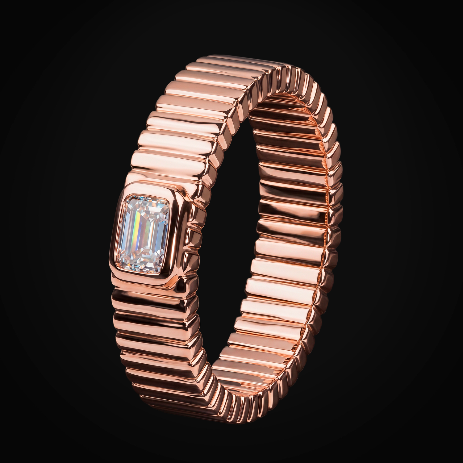 Anillo 14k Oro Rosa Tejido Troquelado Con Diamante Central + Estuche
