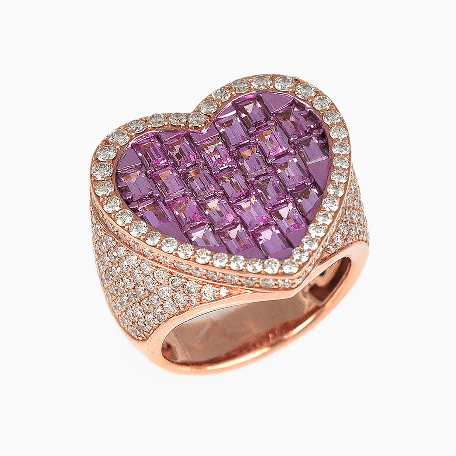 14k Rose Gold Heart Ring with Diamonds & Pink Gemstones
