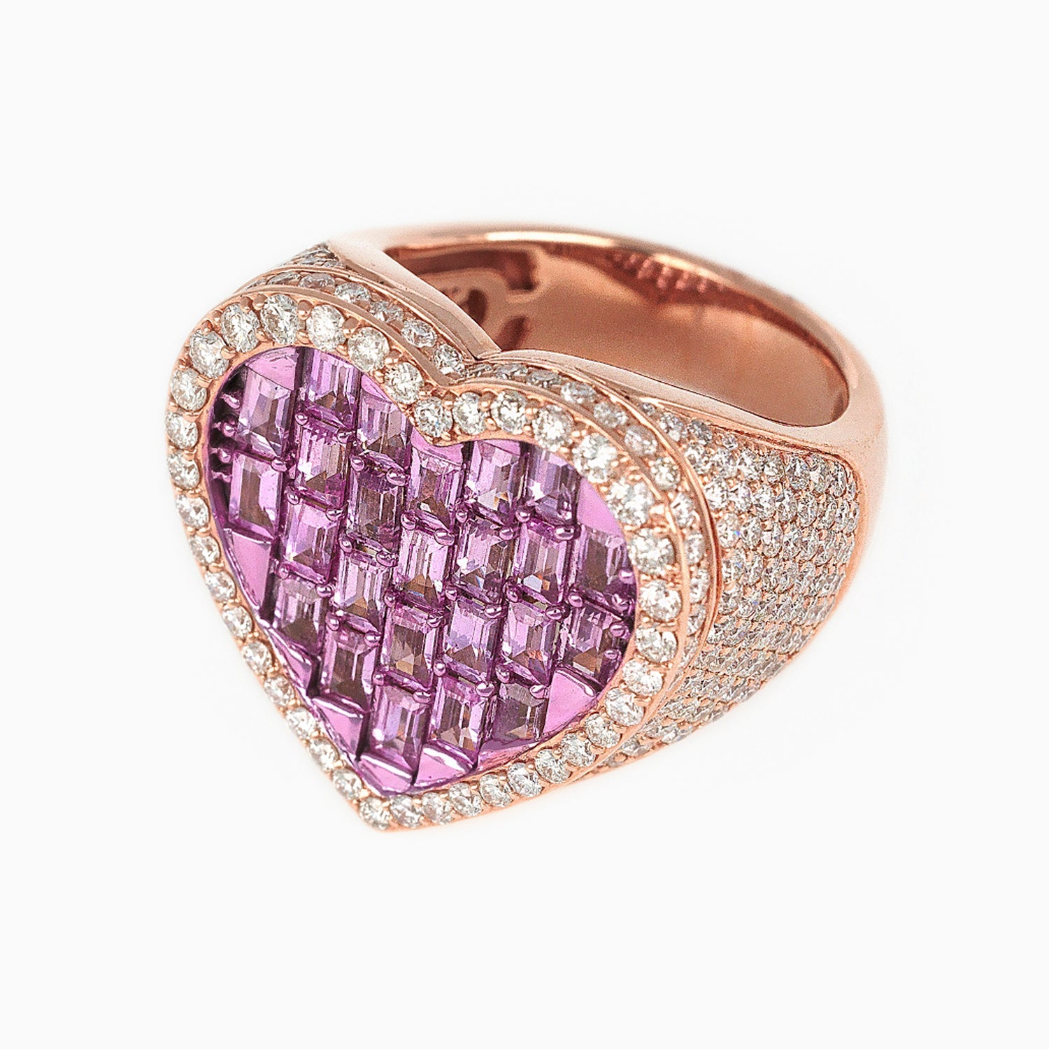 14k Rose Gold Heart Ring with Diamonds & Pink Gemstones