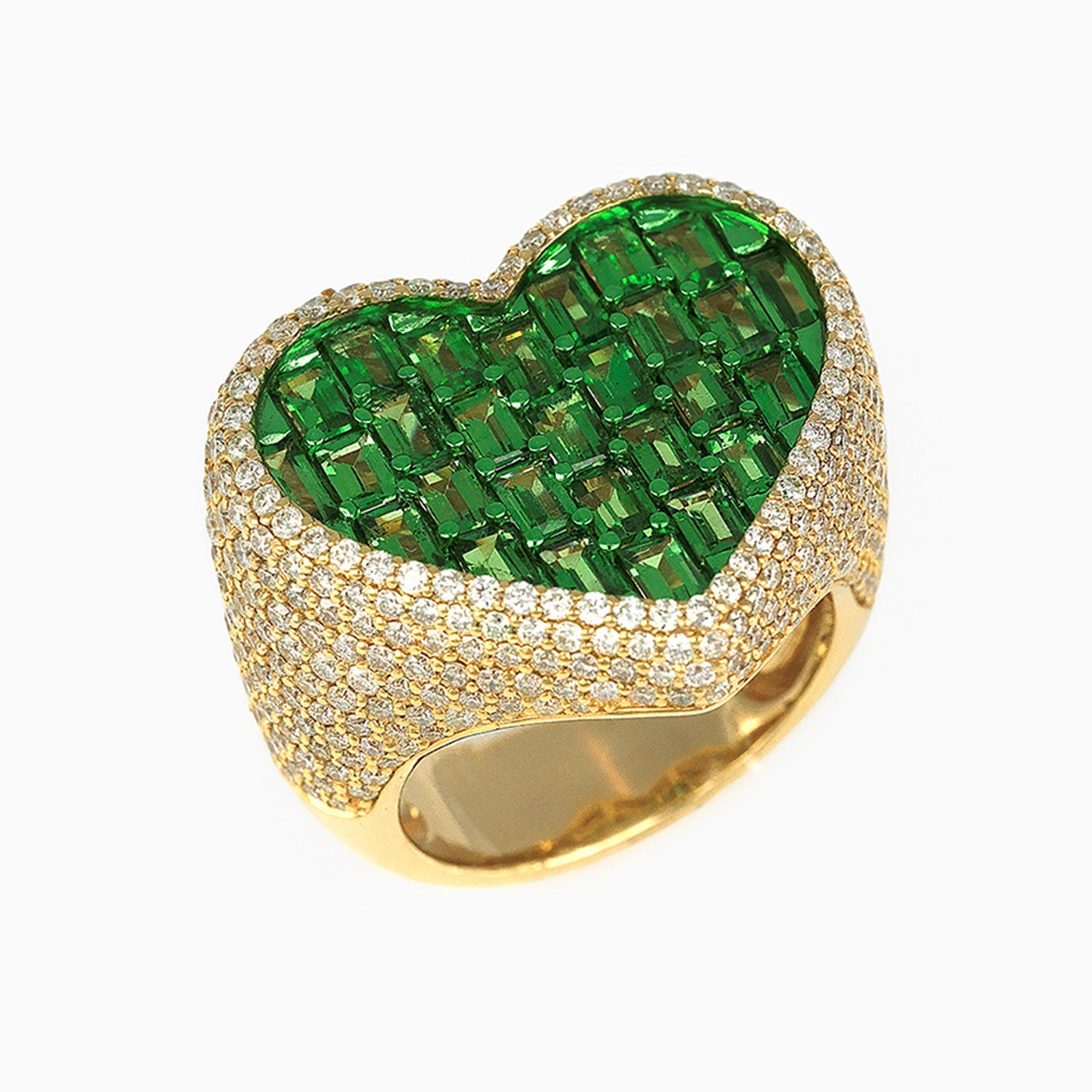 14k Yellow Gold Heart Ring with Diamonds & Green Gemstones