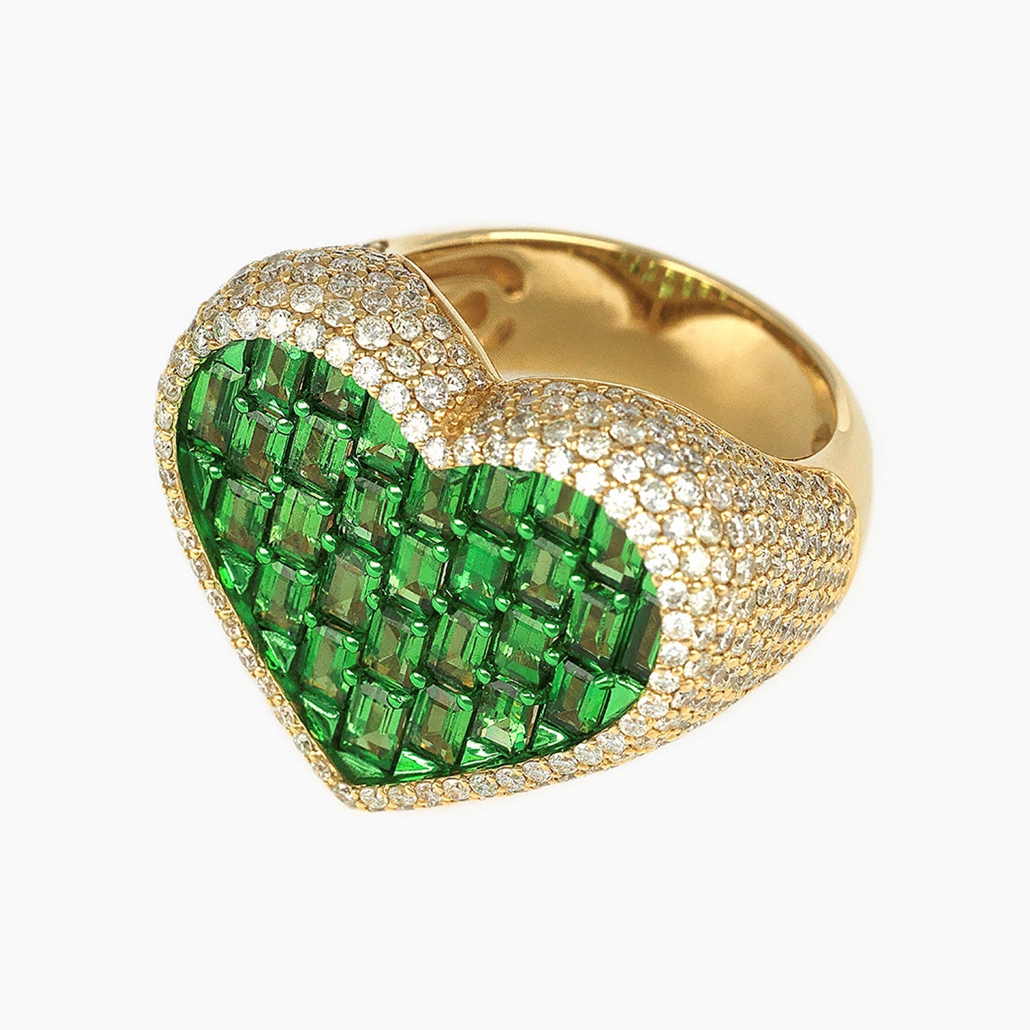 Anillo Corazón Oro Amarillo 14k con Diamantes & Piedras Preciosas Color Verde