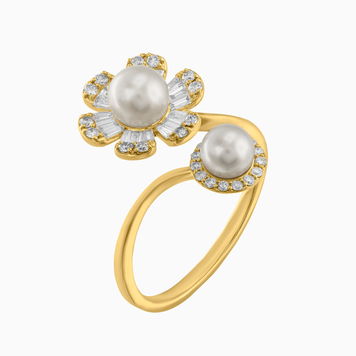 Anillo flor con botón perla 14k oro con Diamantes Naturales