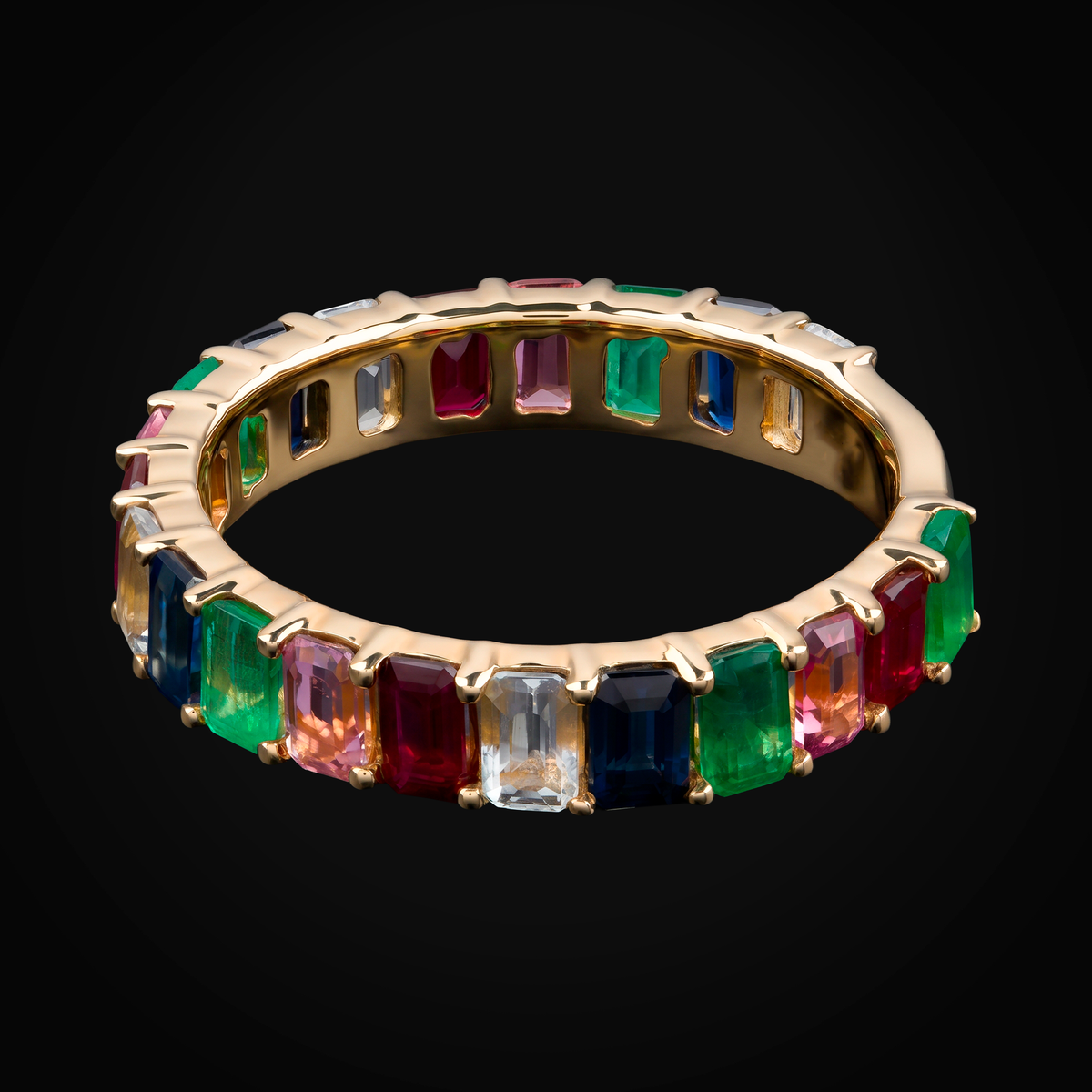 Anillo 14k Churumbela Zafiros Rainbow Oro Amarillo Corte Esmeralda + Estuche