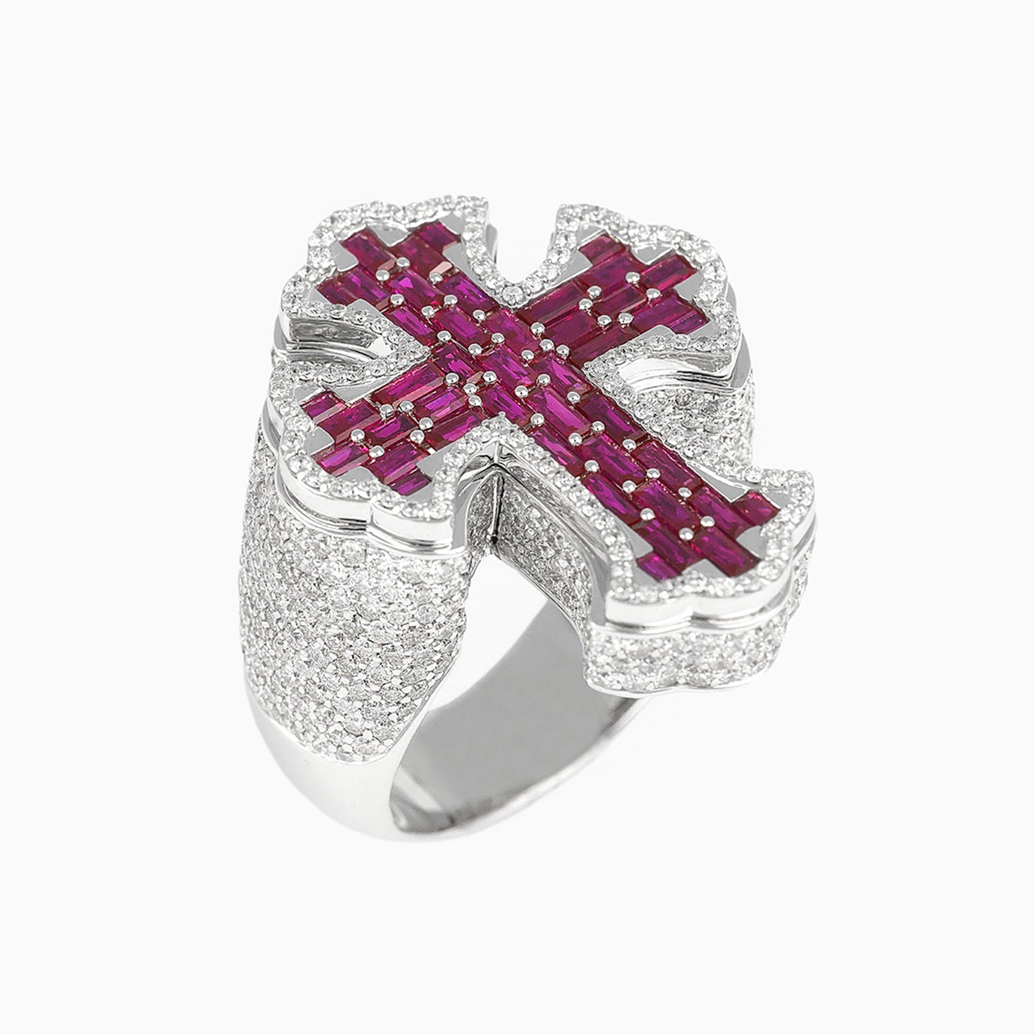 14k White Gold Cross Ring with Diamonds & Red Gemstones
