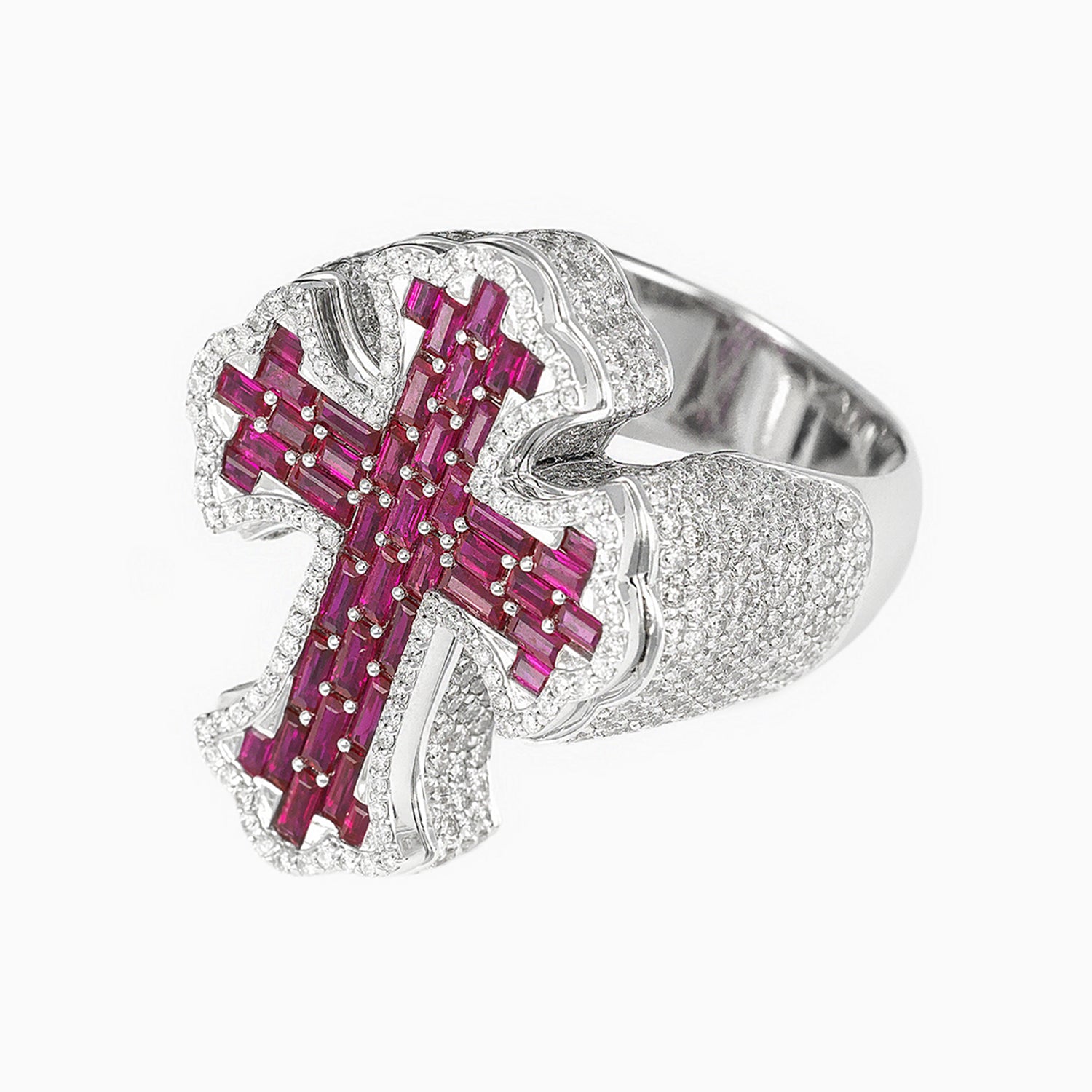 14k White Gold Cross Ring with Diamonds & Red Gemstones