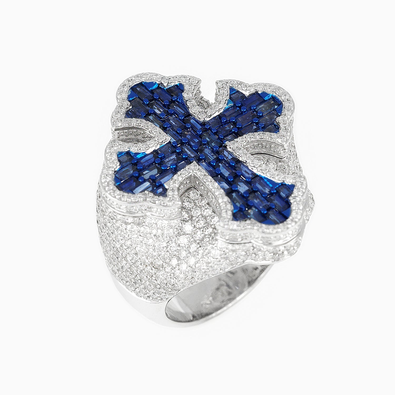 14k White Gold Cross Ring with Diamonds & Blue Center Gemstones
