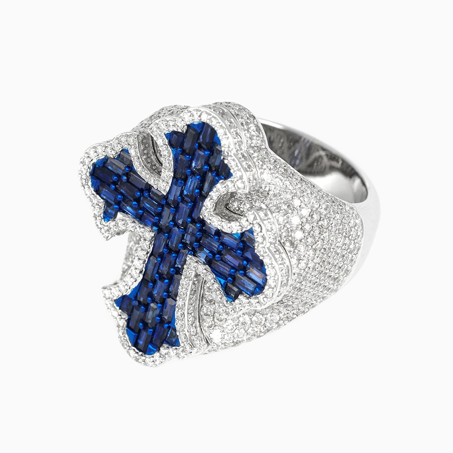 14k White Gold Cross Ring with Diamonds & Blue Center Gemstones