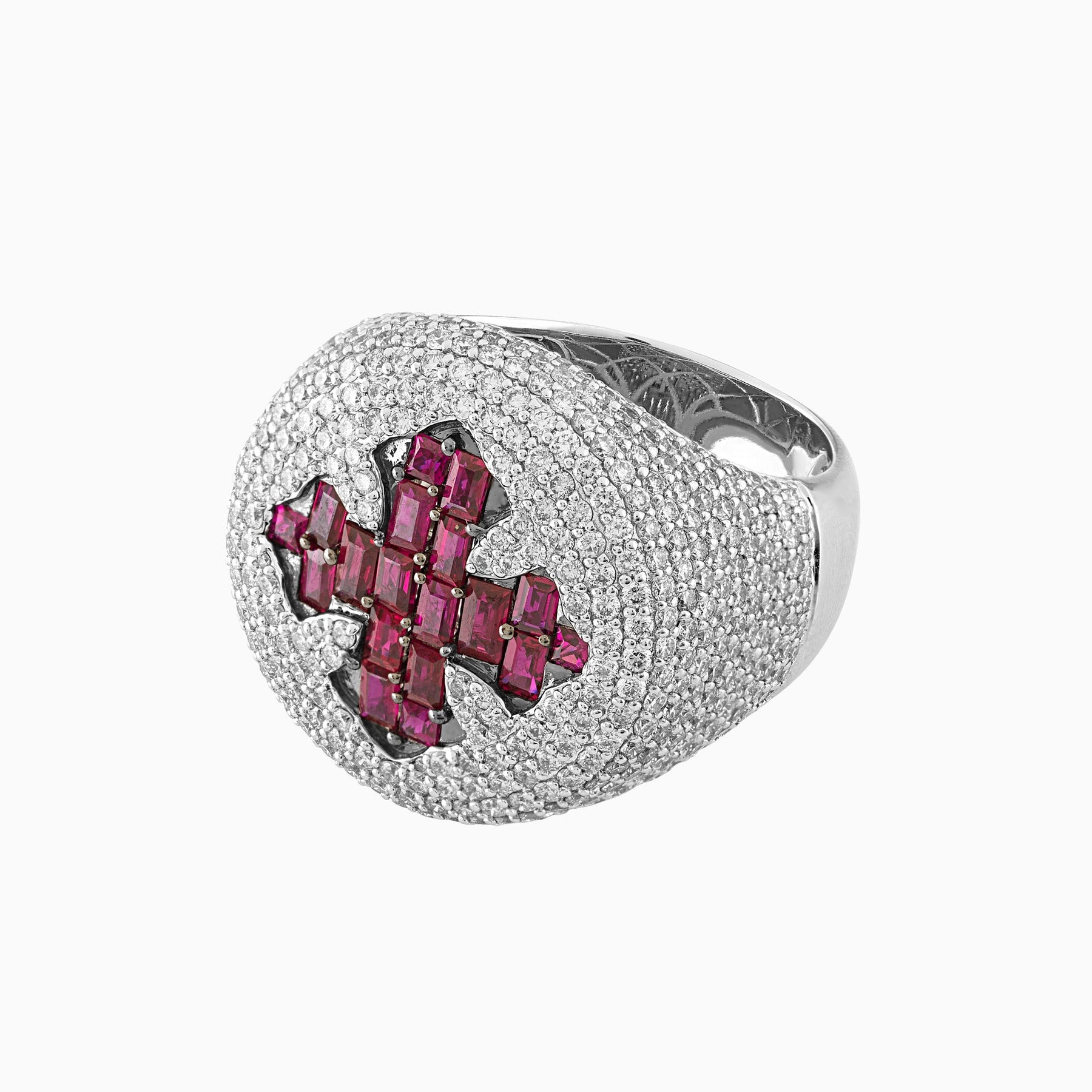 14k Yellow Gold Round Cross Ring with Red Rubies & Natural Diamonds