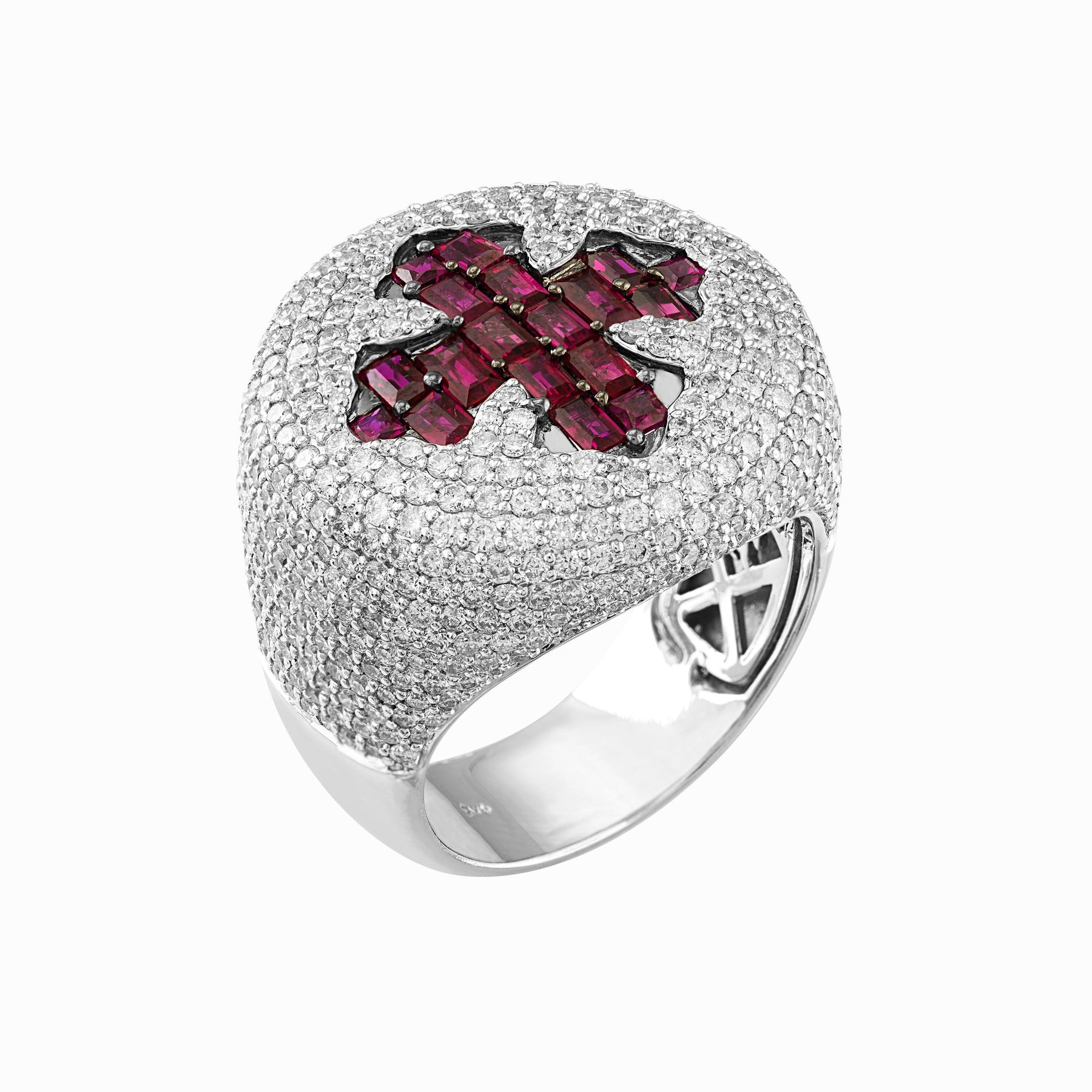 14k Yellow Gold Round Cross Ring with Red Rubies & Natural Diamonds