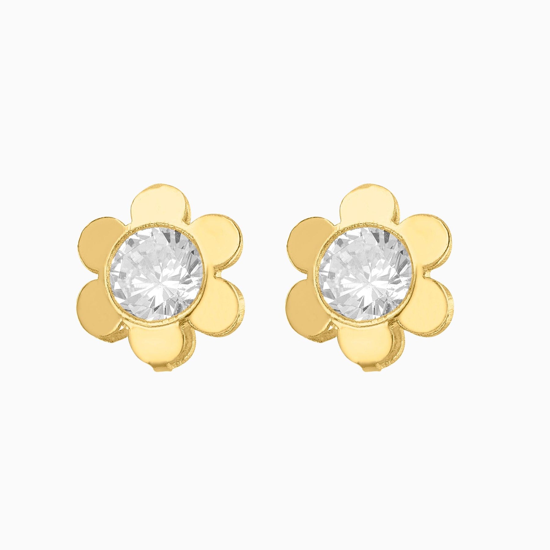 Broqueles Flor 6 Pétalos + Circonia Suiza Central Oro 14k