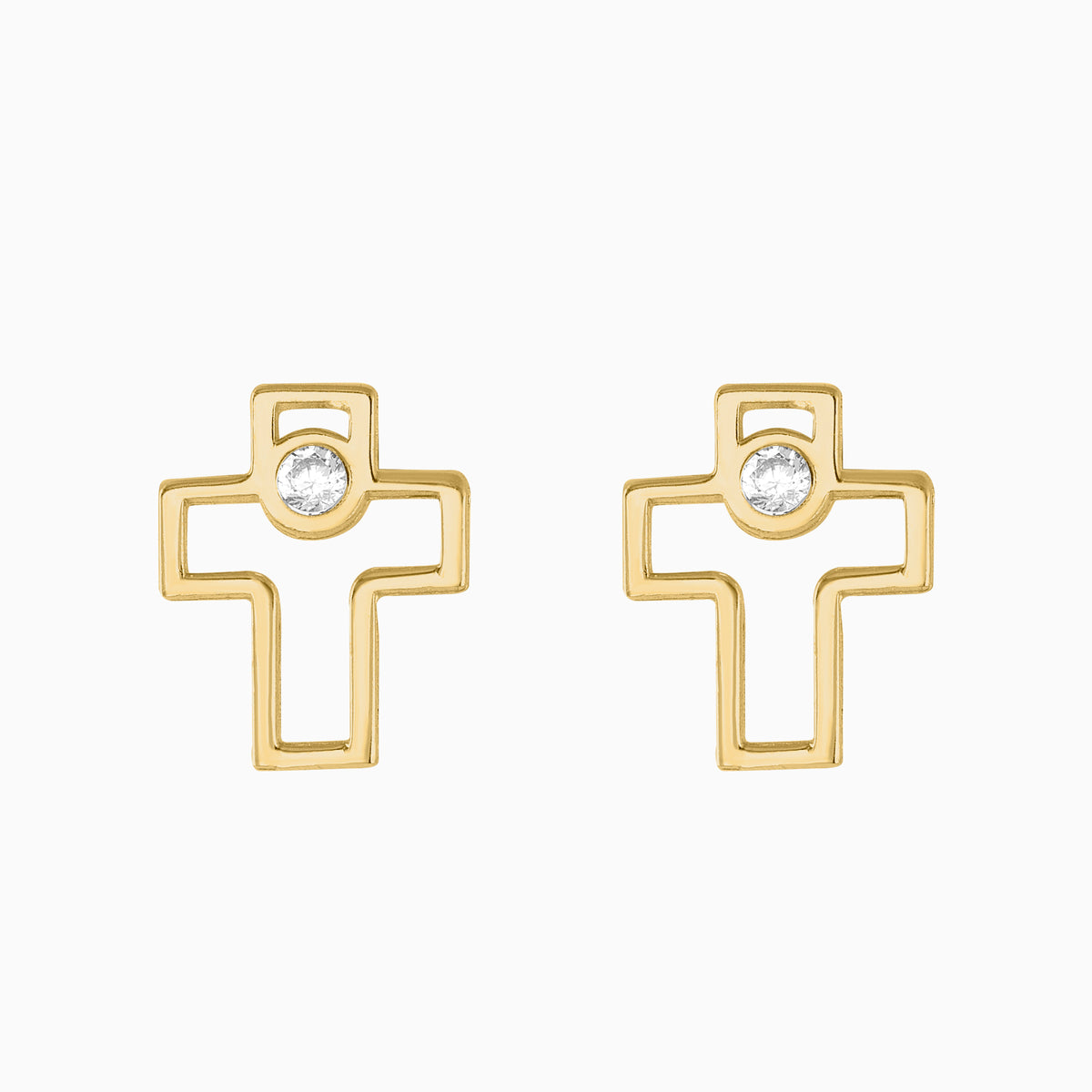 Broqueles cruz hueca + zirconia suiza 1.2 mm 14k oro