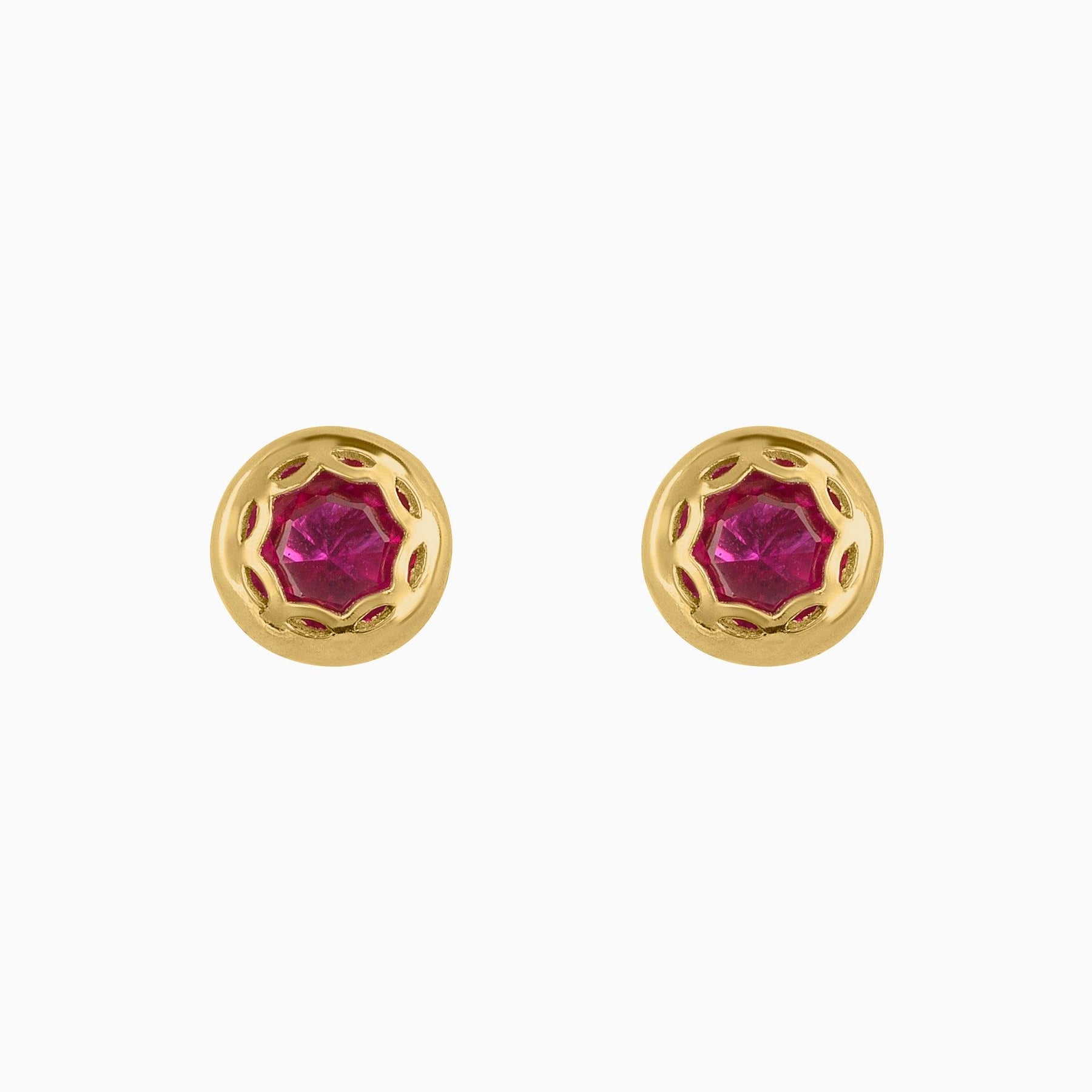 14k Yellow Gold Solitaire Stud Earrings with Red Zirconia
