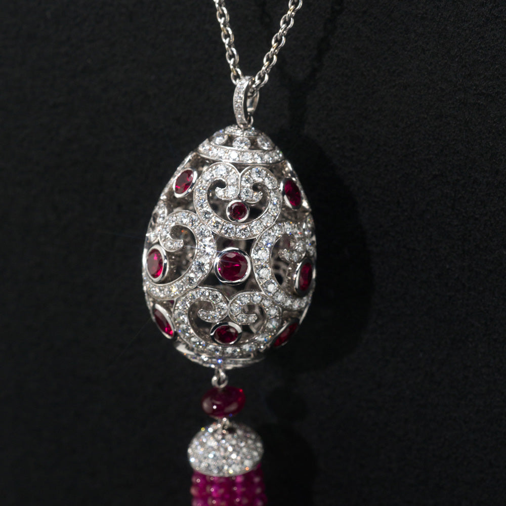 Fabergé Egg Pendant 14k White Gold with Rubies and Diamonds