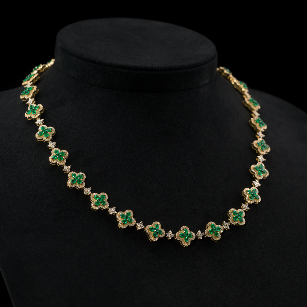 Full Ice Clover Chain with Emeralds and 14K Diamonds