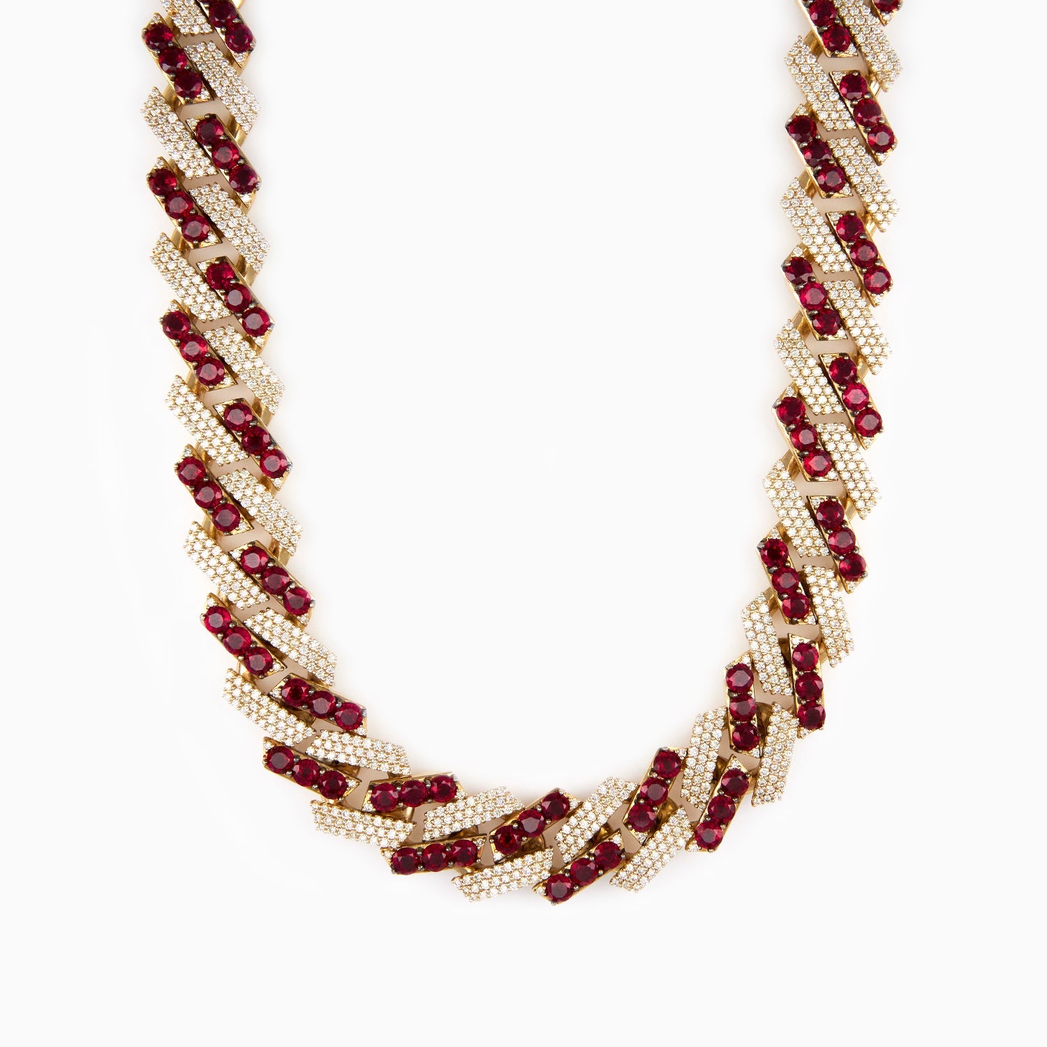 Cadena de Oro Amarillo 14k Tejido Barbado con Rubíes y Diamantes
