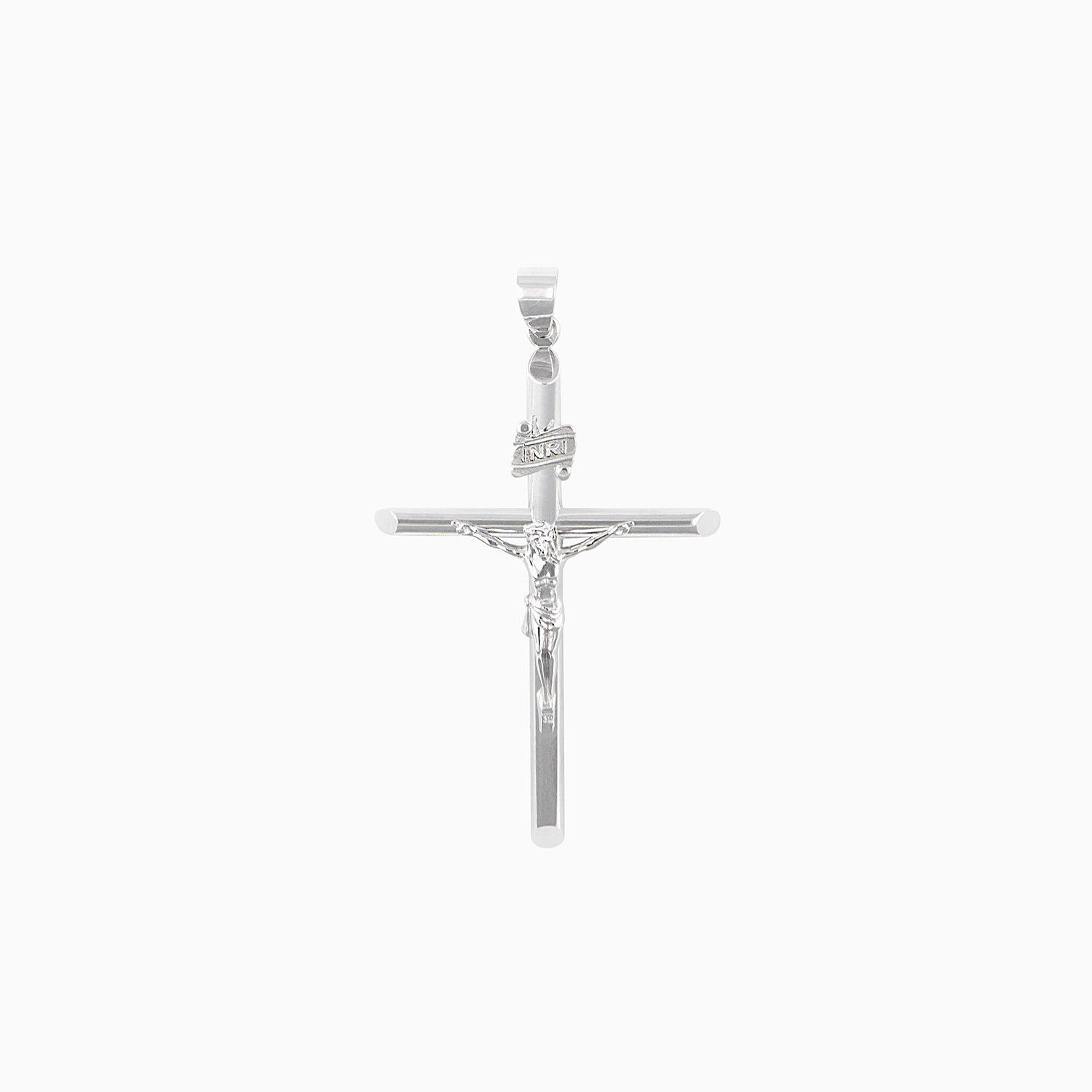 Dije Cruz Tubular con Cristo Oro Blanco 14k