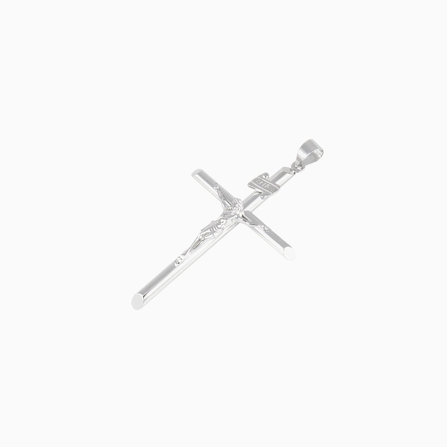 Dije Cruz Tubular con Cristo Oro Blanco 14k