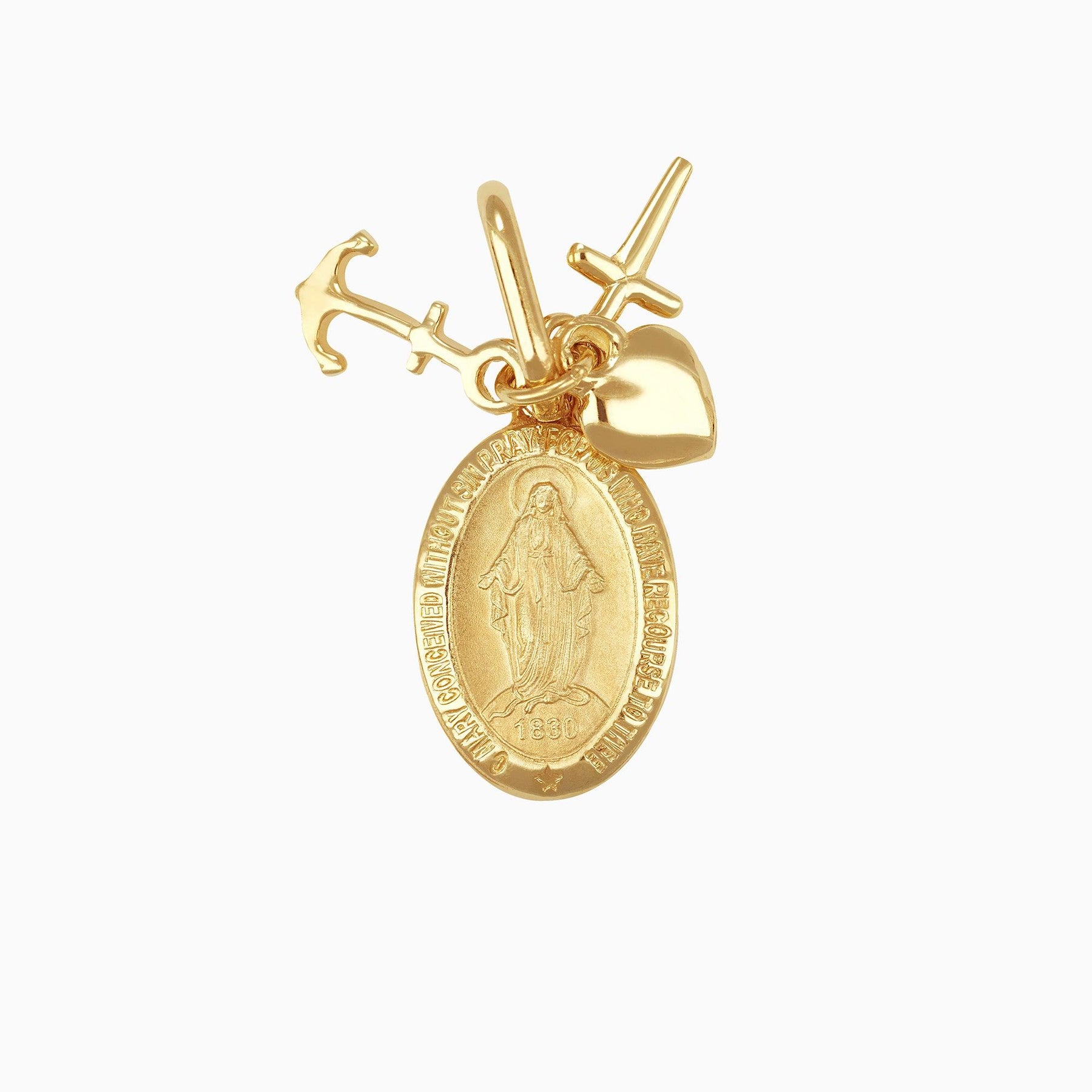 Sacred Heart & Virgin Medal Pendant with Heart, Cross & Anchor 14k Yellow Gold