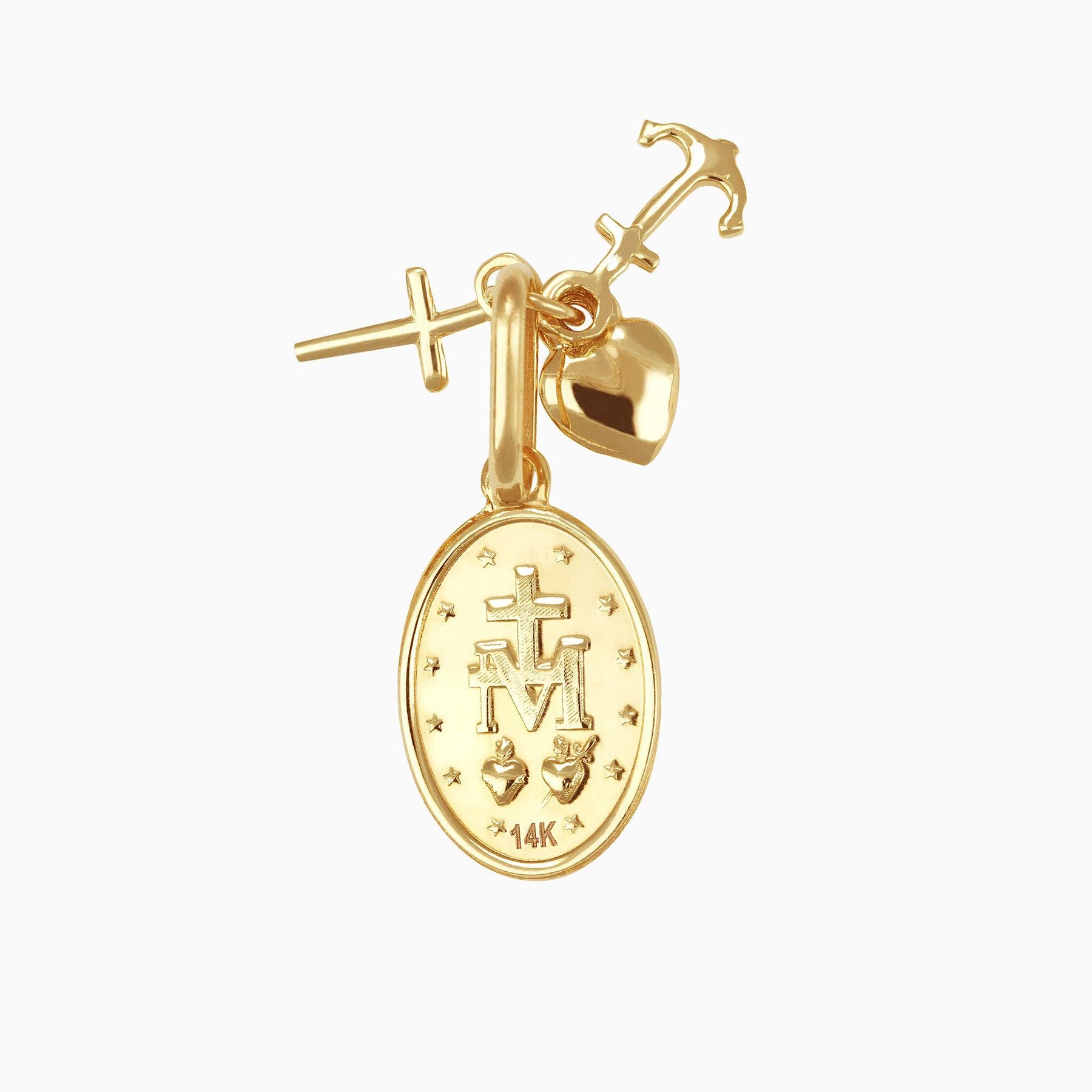 Sacred Heart & Virgin Medal Pendant with Heart, Cross & Anchor 14k Yellow Gold