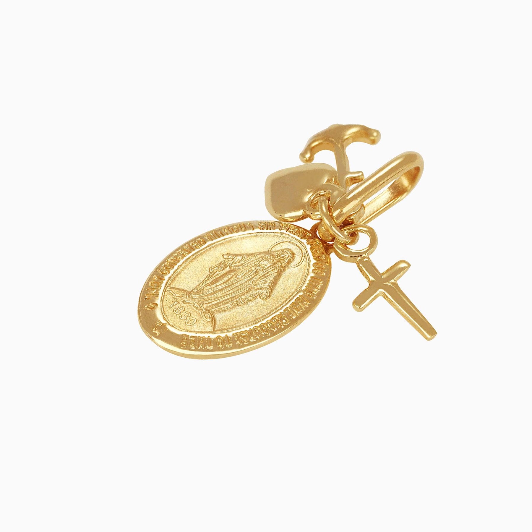 Sacred Heart & Virgin Medal Pendant with Heart, Cross & Anchor 14k Yellow Gold