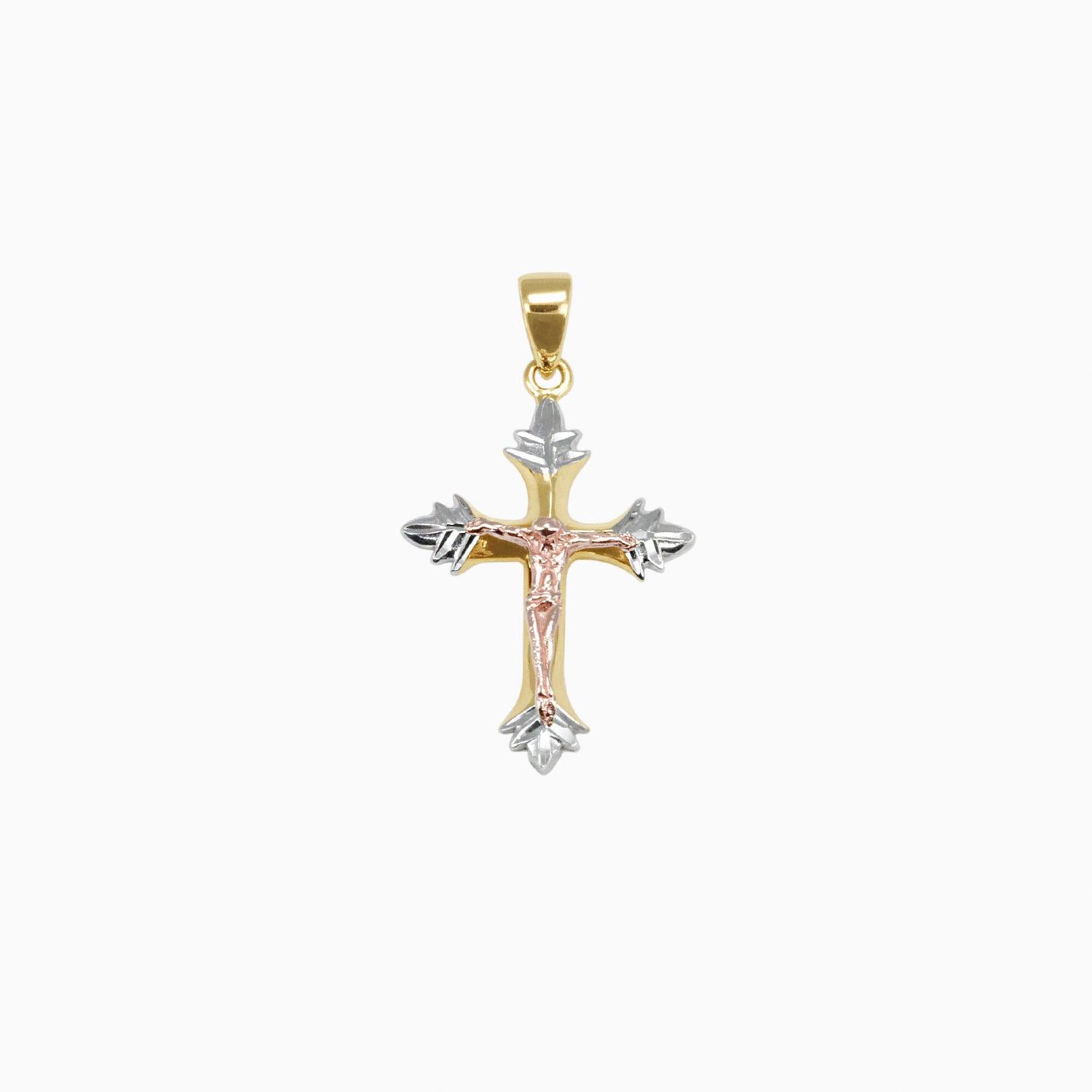 Cross Pendant with Christ in 14k Yellow, White & Rose Gold