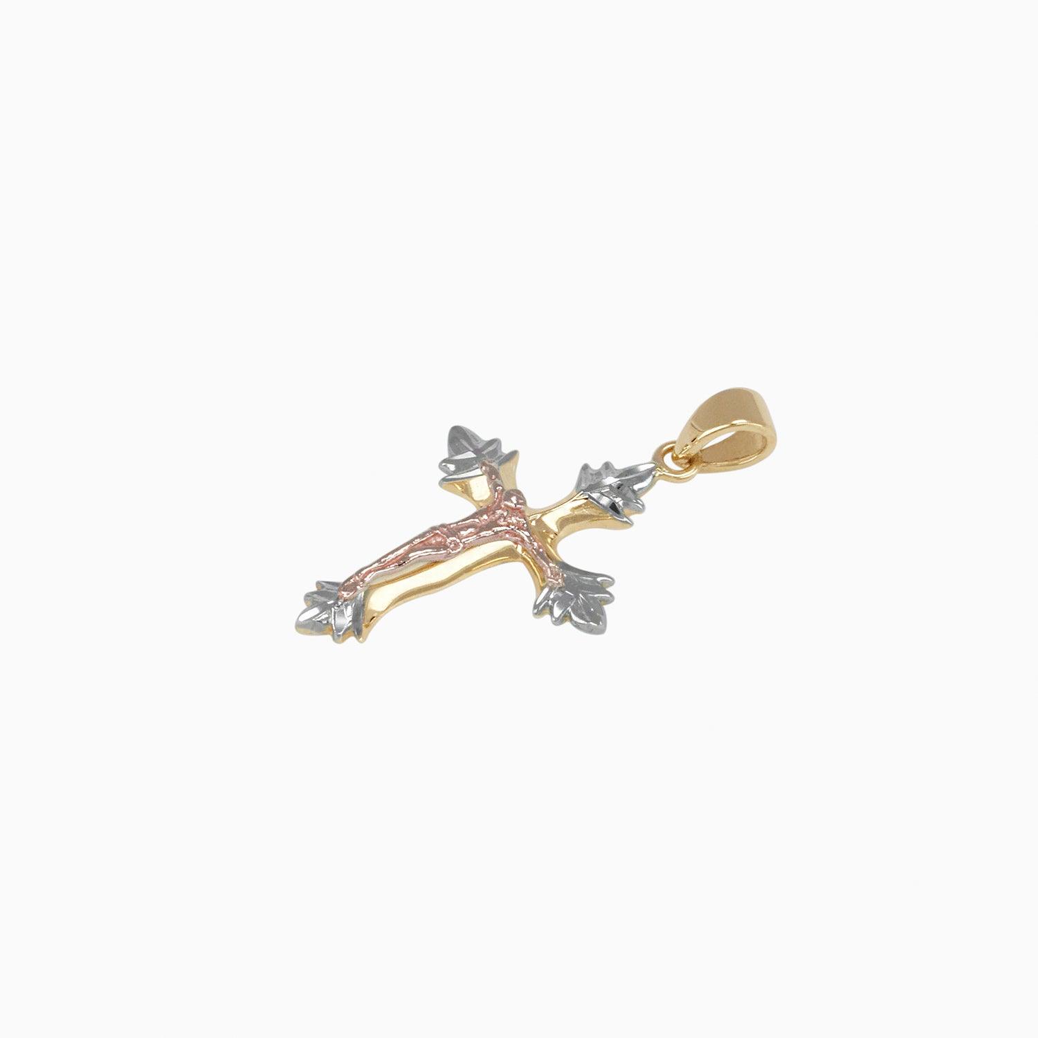Cross Pendant with Christ in 14k Yellow, White & Rose Gold