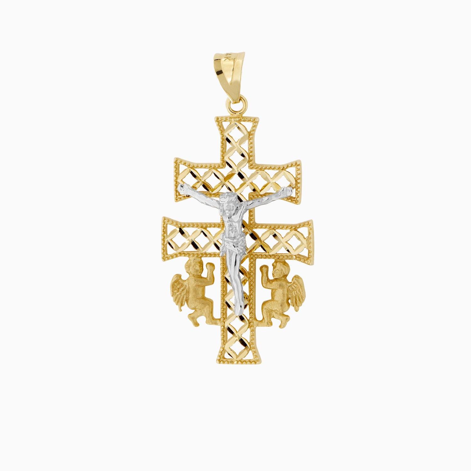 Cruz Doble Diamantada con Ángeles y Cristo Oro 14k