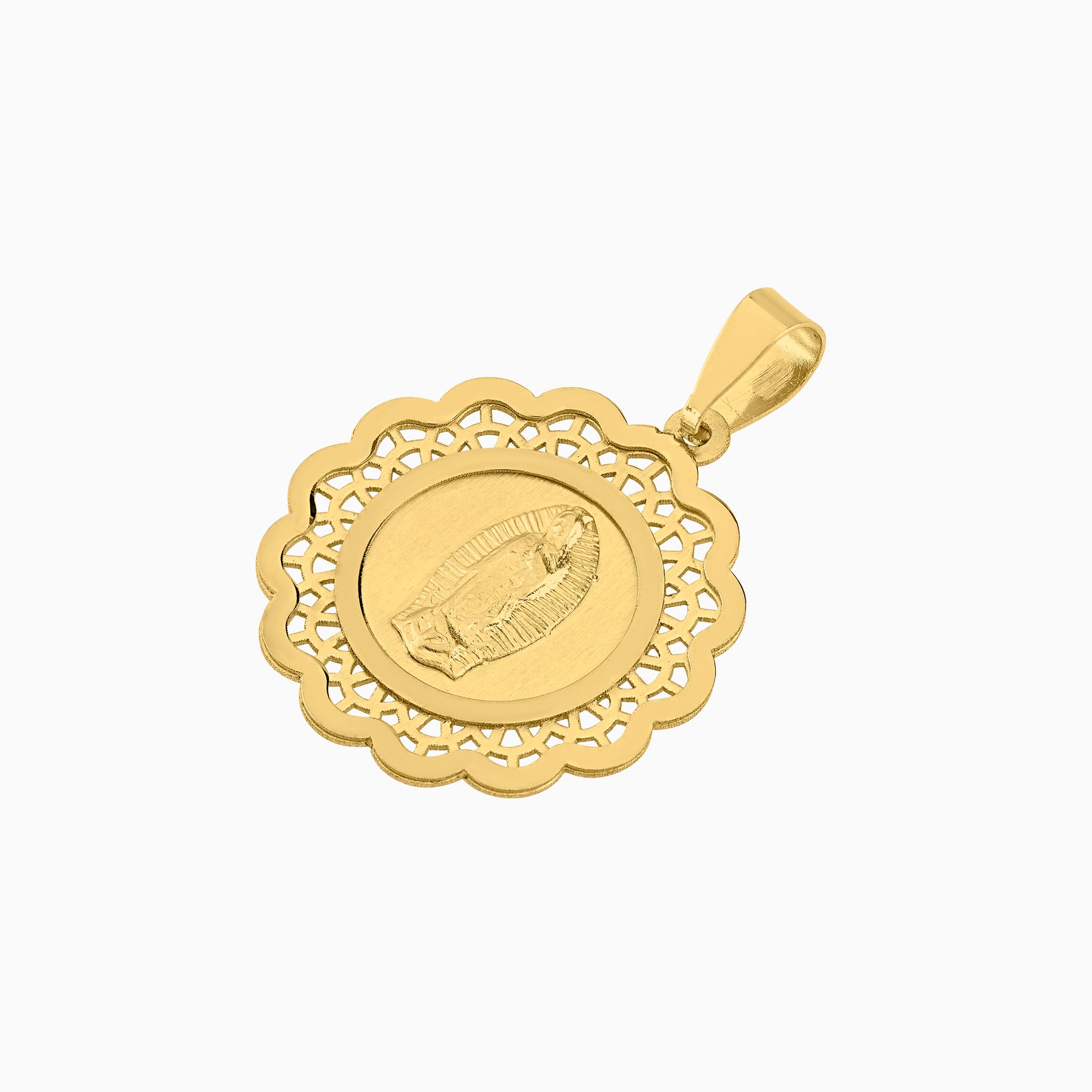 Dije Medalla Virgen Relieve en Oro Amarillo & Blanco 14k