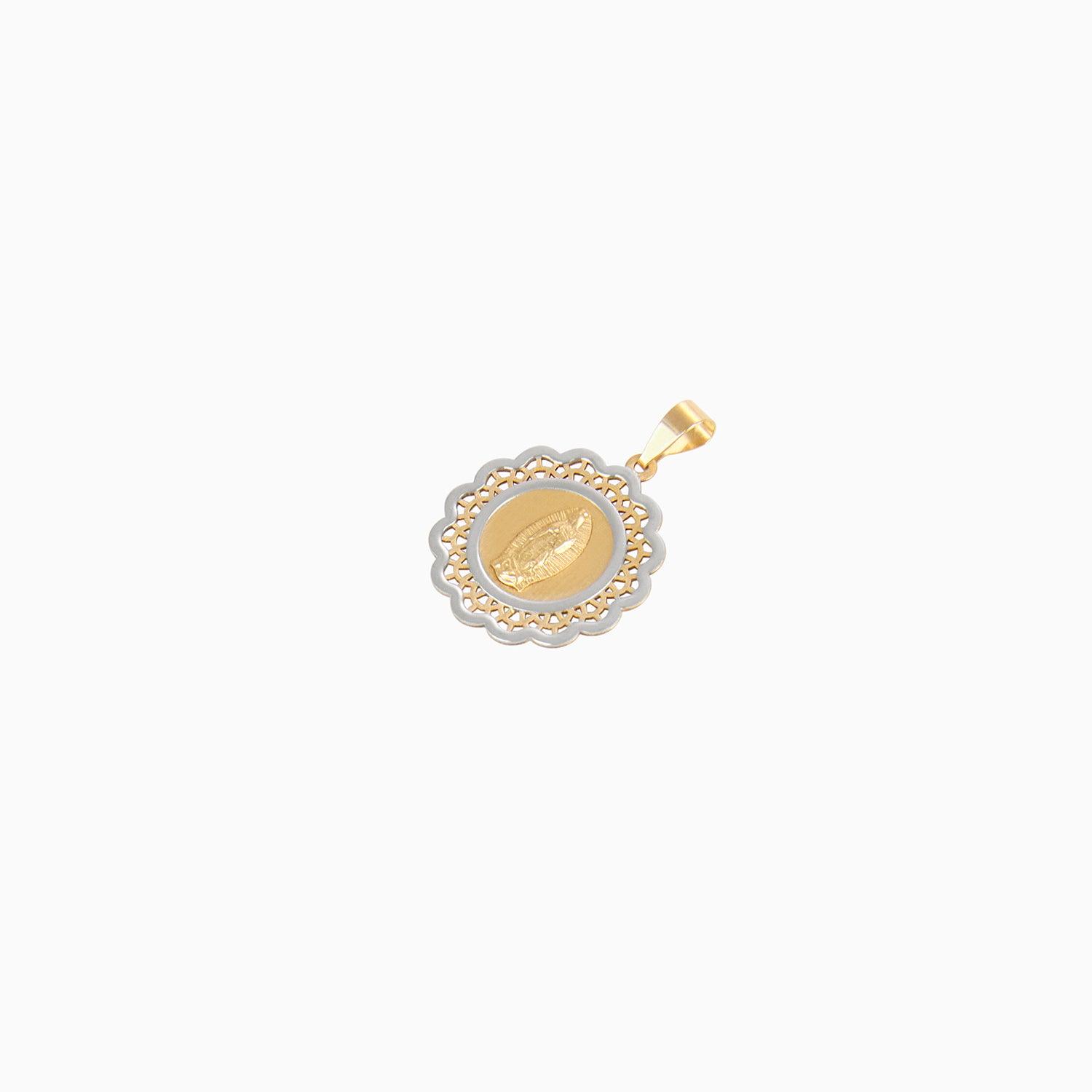 Dije Medalla Virgen Relieve en Oro Amarillo & Blanco 14k