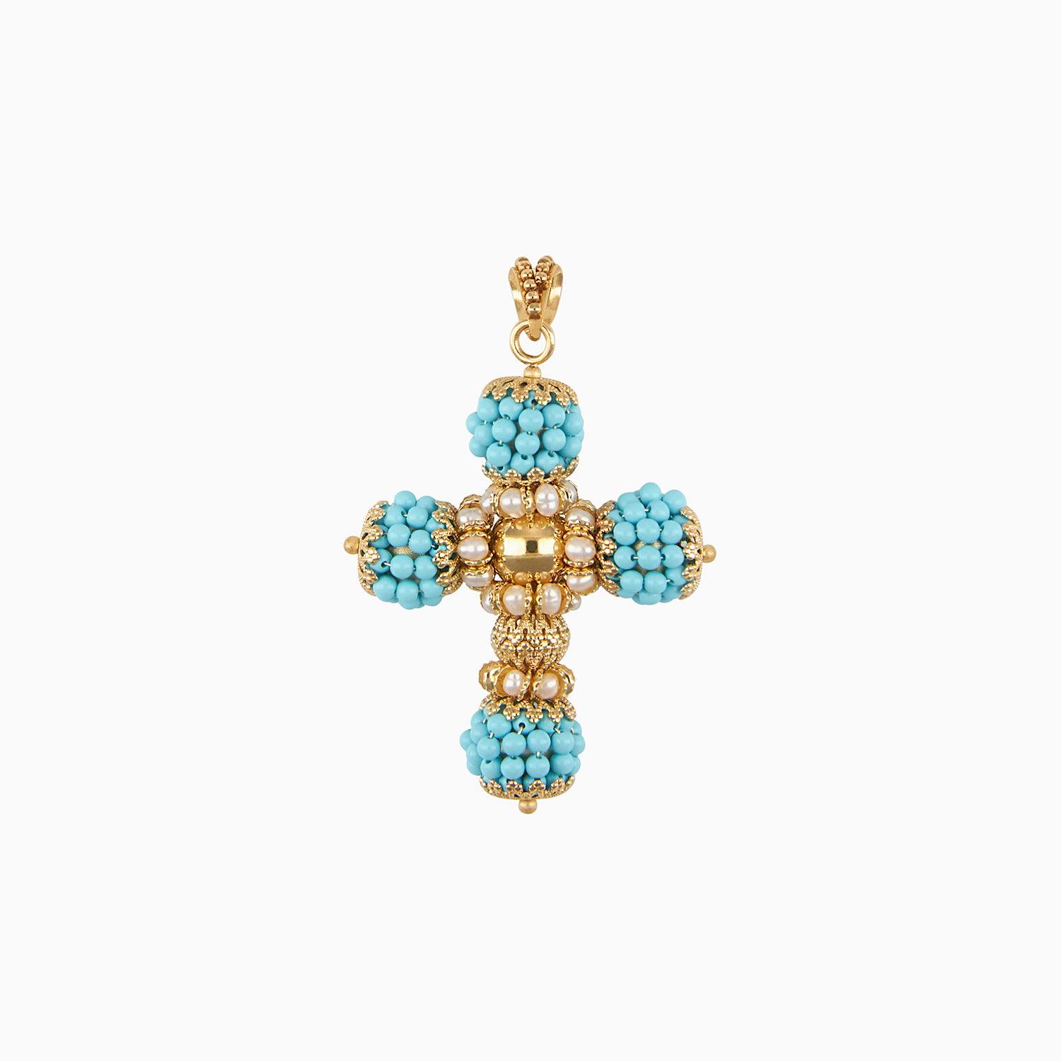 Cross Pendant with Blue Beads and Pears in 14k Yellow Gold