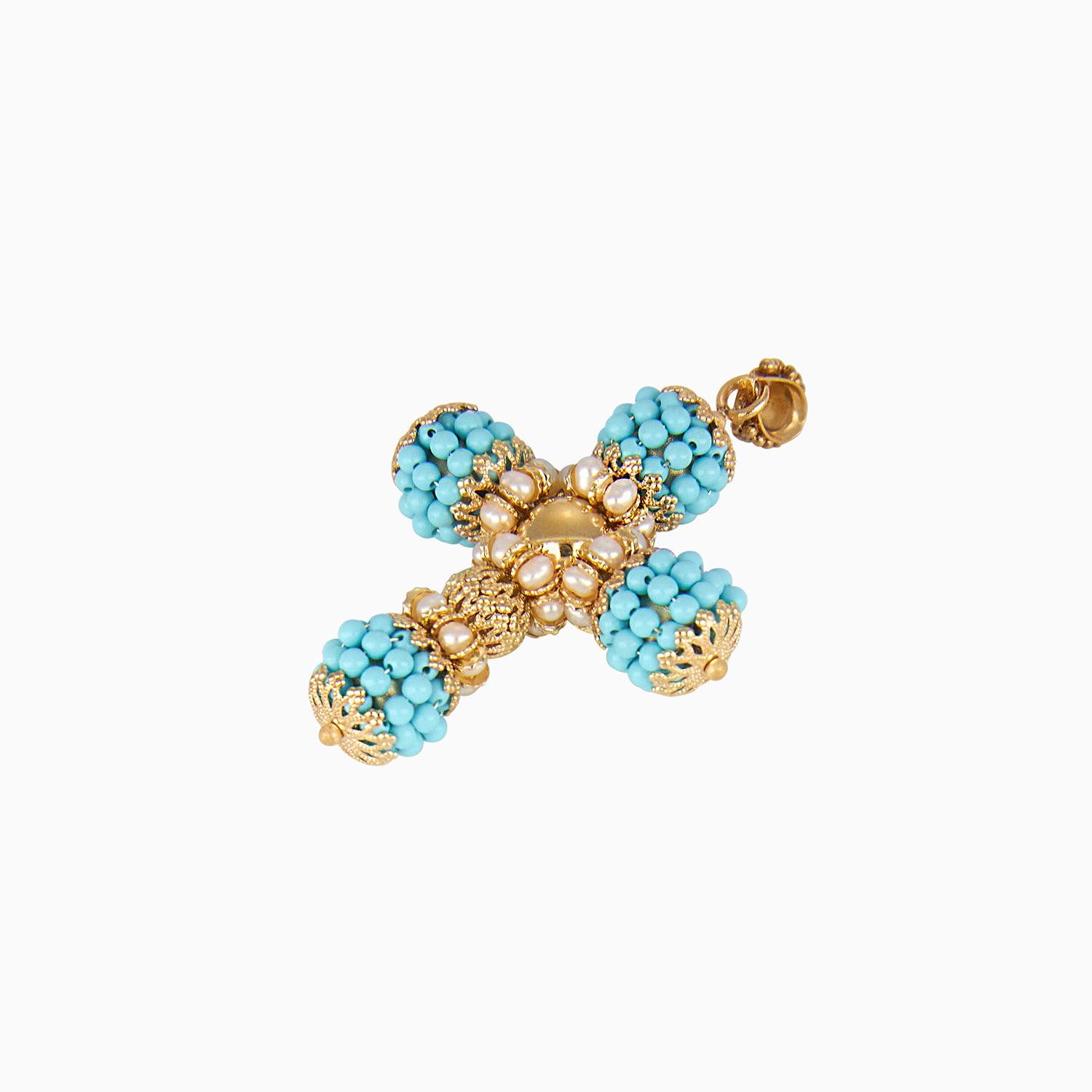 Cross Pendant with Blue Beads and Pears in 14k Yellow Gold