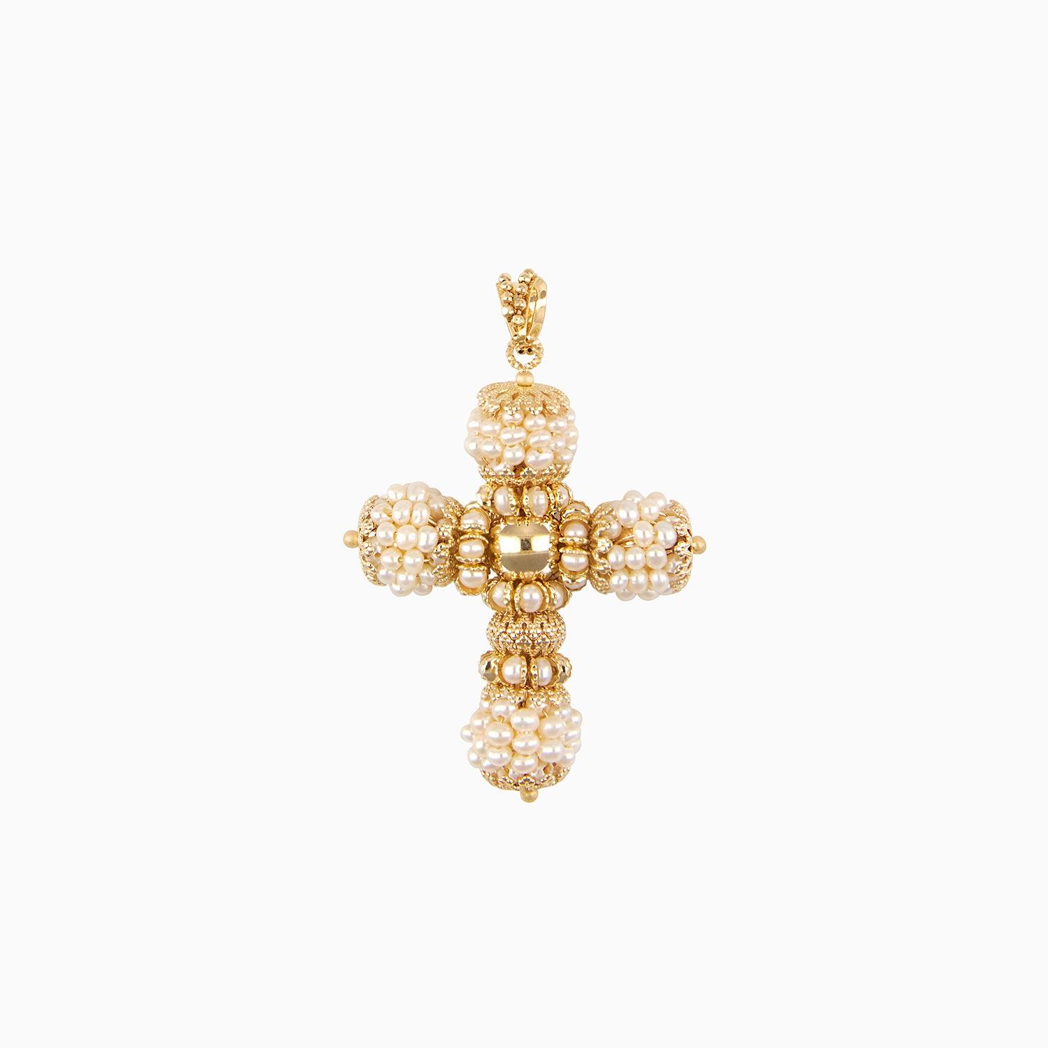 Cross Pendant with White and Yellow Gold Beads and Pears 14k