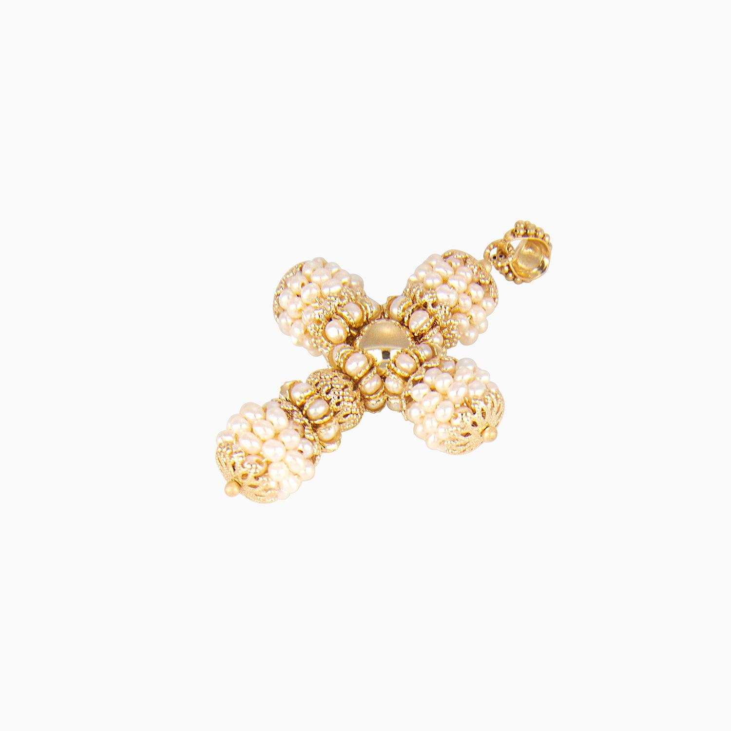 Cross Pendant with White and Yellow Gold Beads and Pears 14k