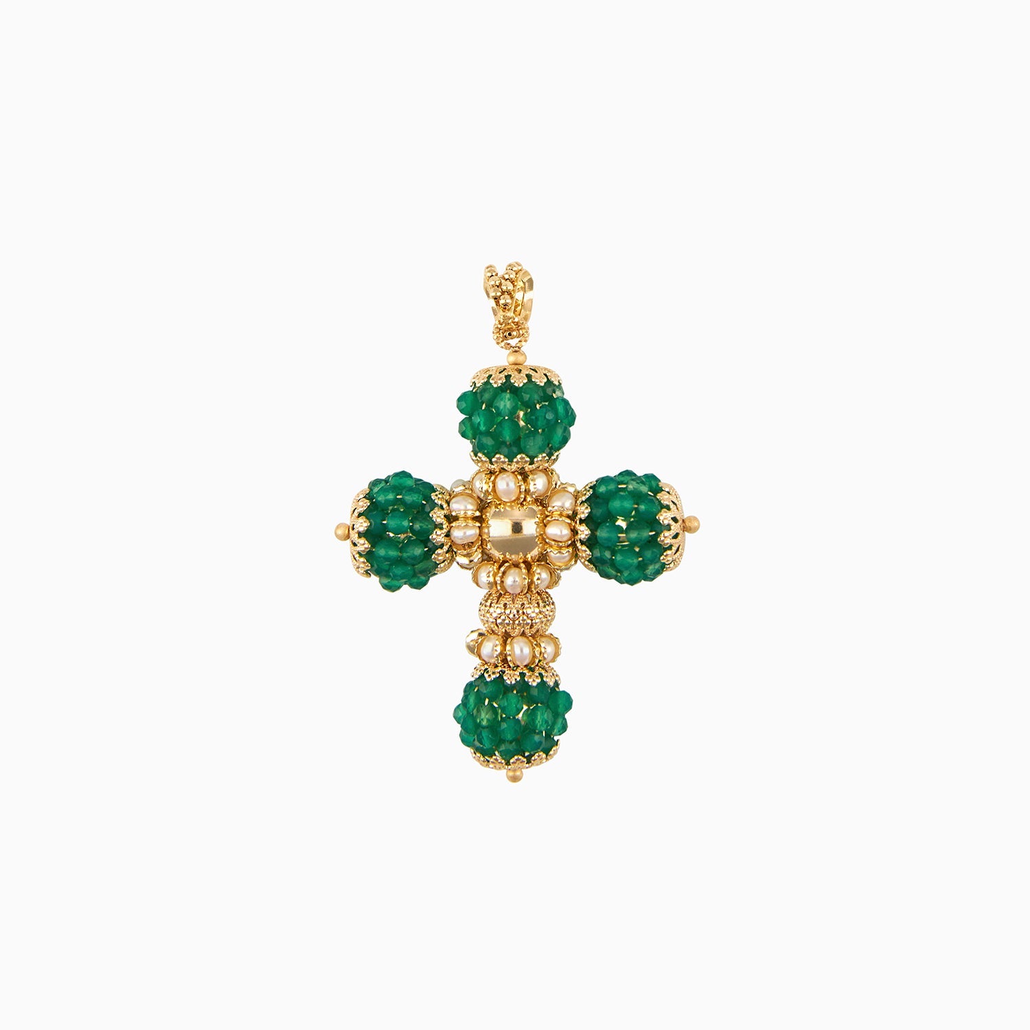 Cross Pendant with Beads and Green Pearls in 14k Yellow Gold