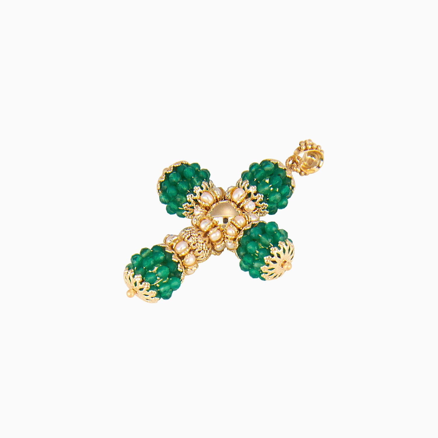 Cross Pendant with Beads and Green Pearls in 14k Yellow Gold