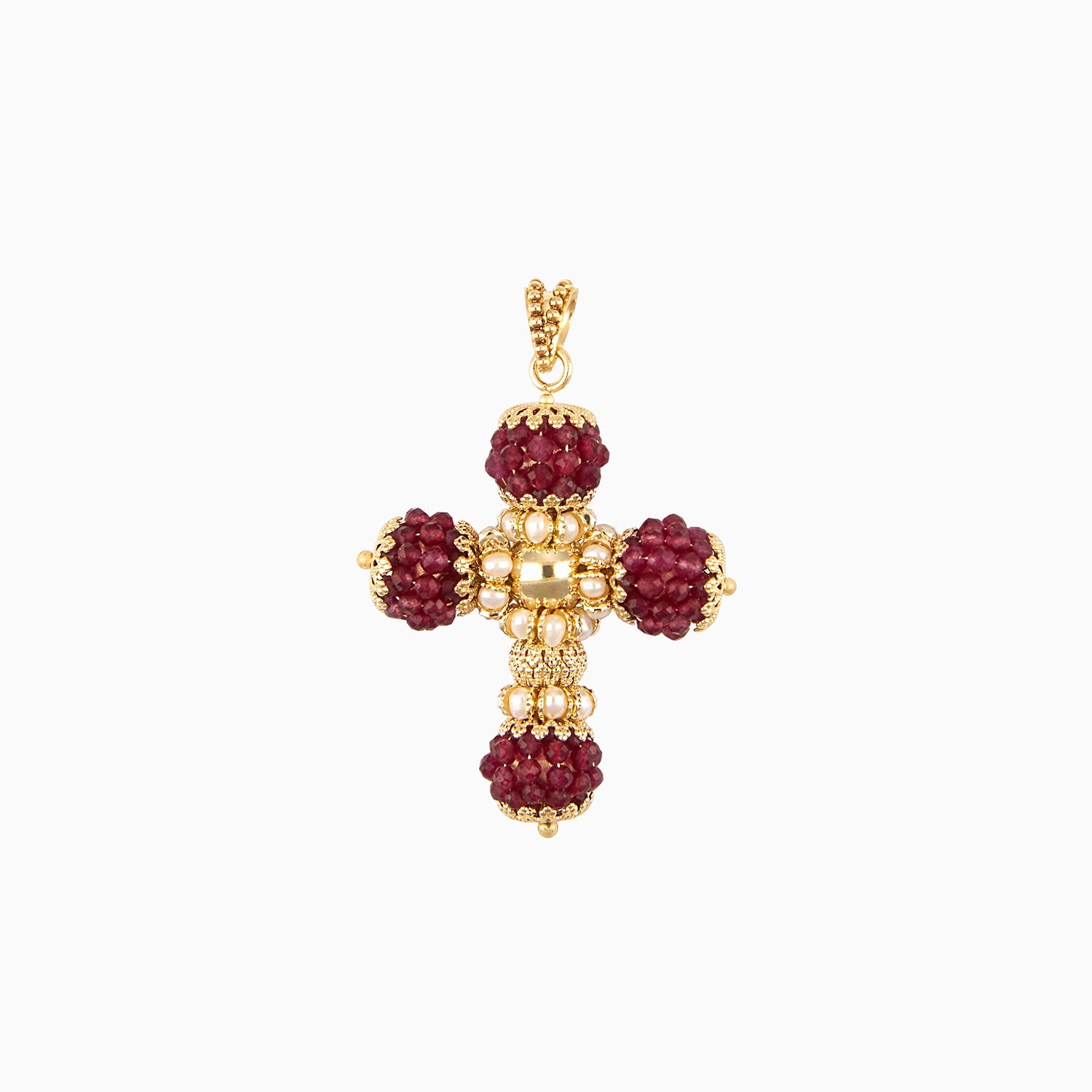 Cross Pendant with Beads and Pears in Red Color, 14k Yellow Gold