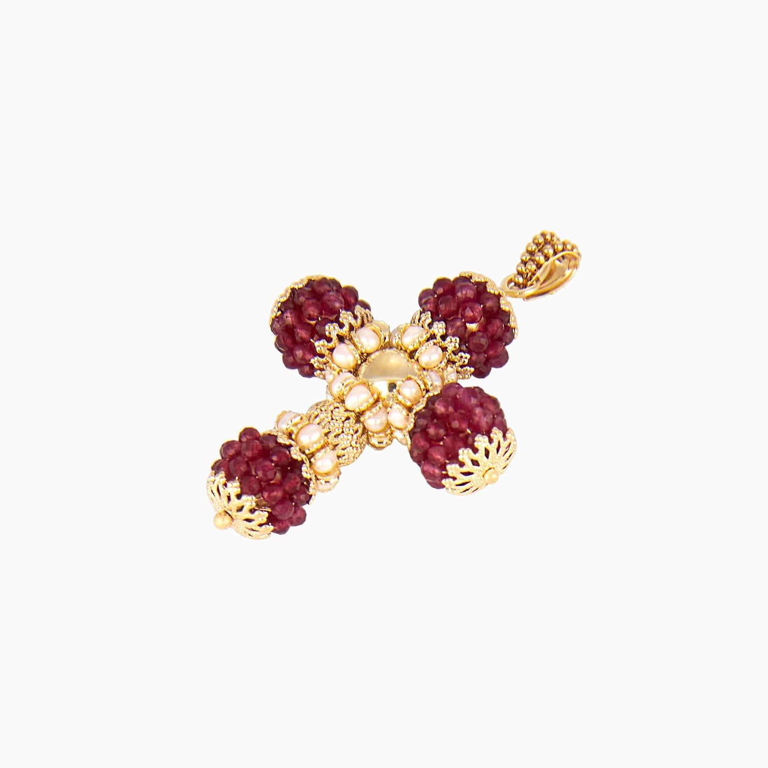 Cross Pendant with Beads and Pears in Red Color, 14k Yellow Gold