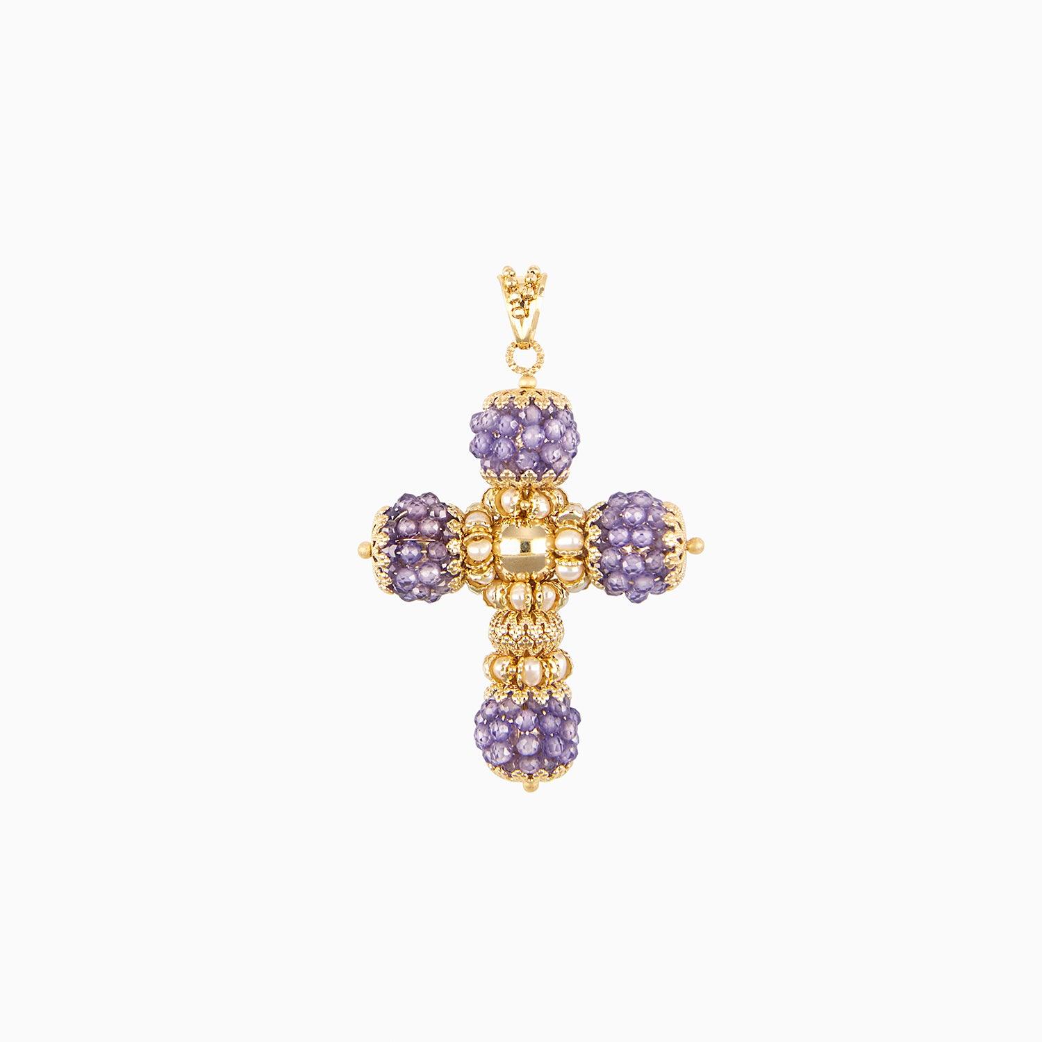 Cross Pendant with Beads and Purple Pears in 14k Yellow Gold