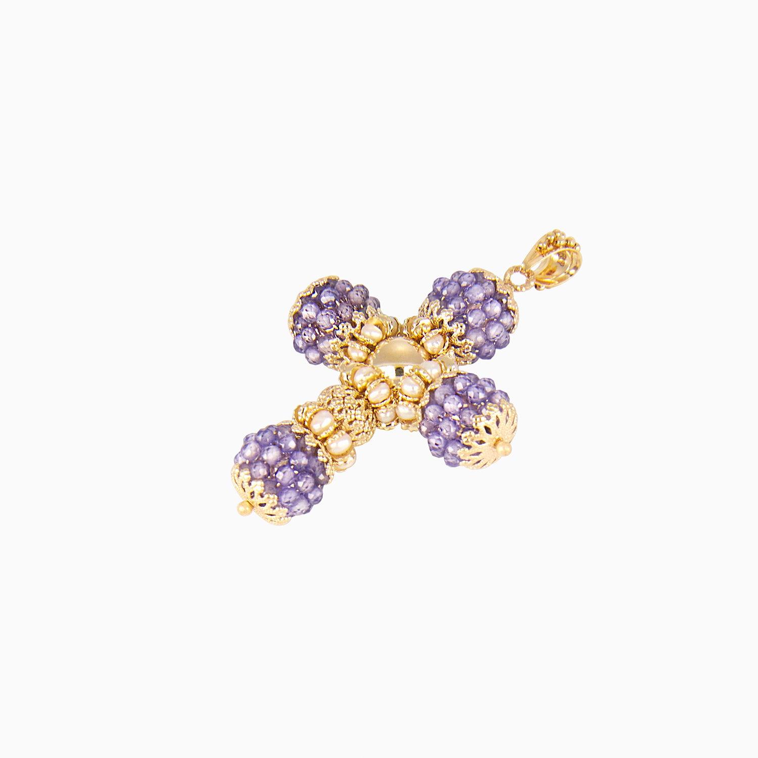 Cross Pendant with Beads and Purple Pears in 14k Yellow Gold
