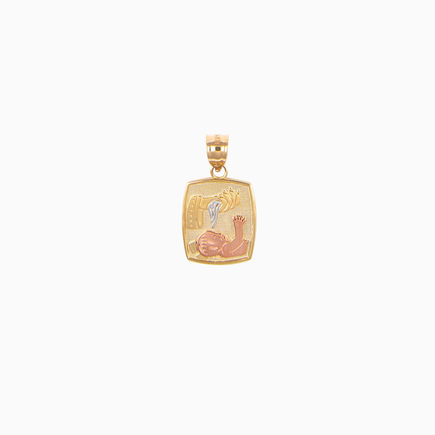 Dije Medalla Bautizo Cuadrada 3 Oros Amarillo, Blanco & Rosa 14k