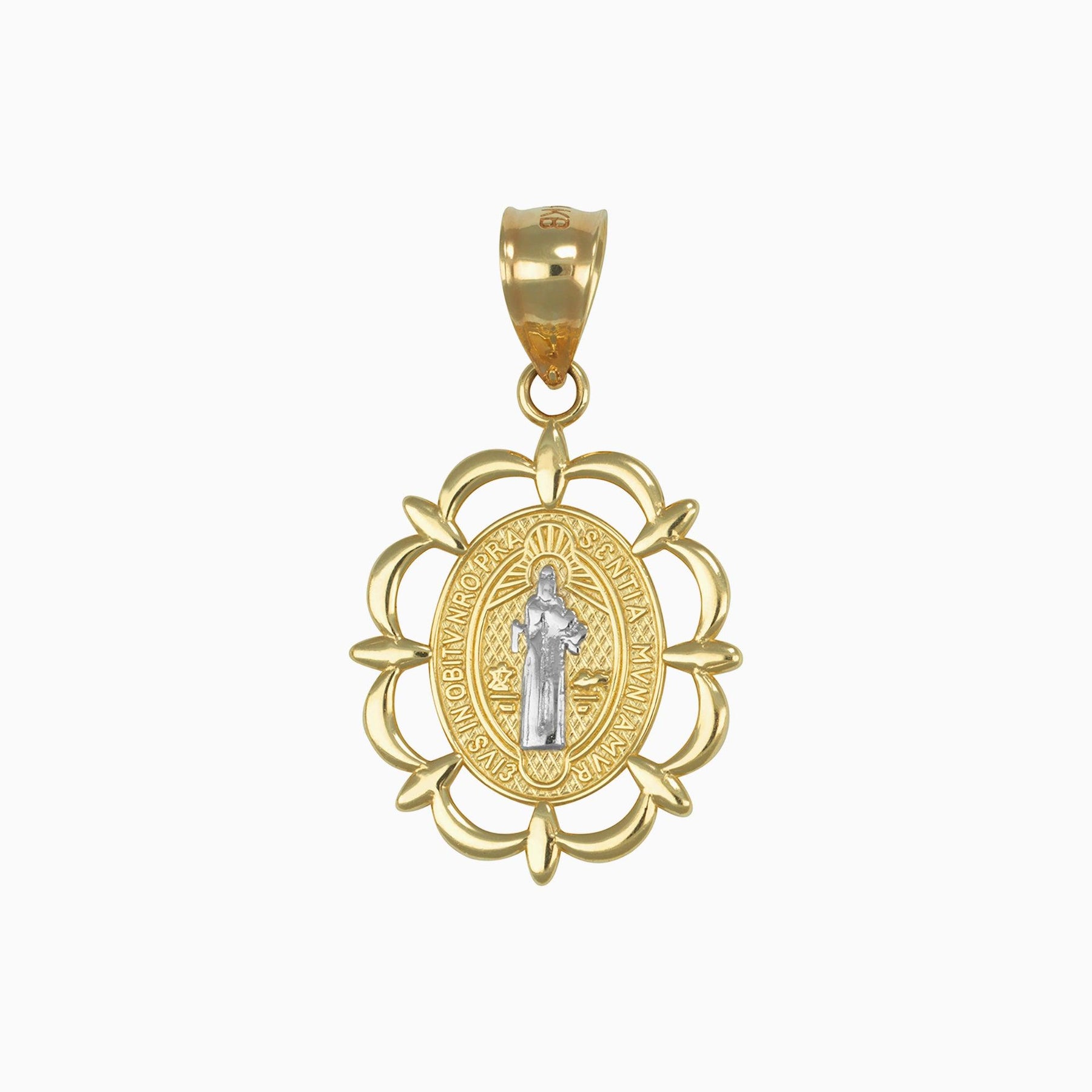 Dije Medalla Trébol, Moneda Oval San Benito Oro Amarillo & Blanco 14k