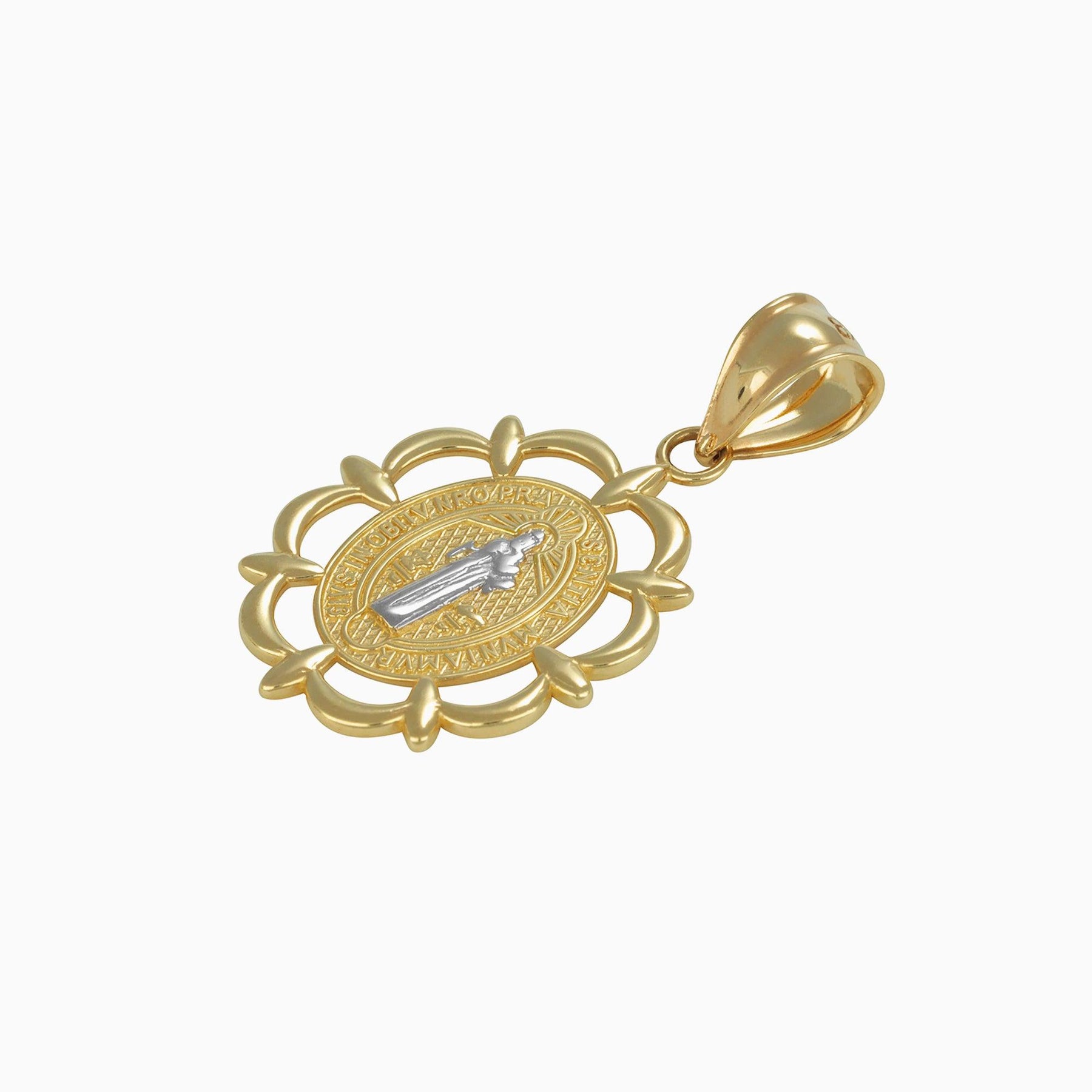 Dije Medalla Trébol, Moneda Oval San Benito Oro Amarillo & Blanco 14k