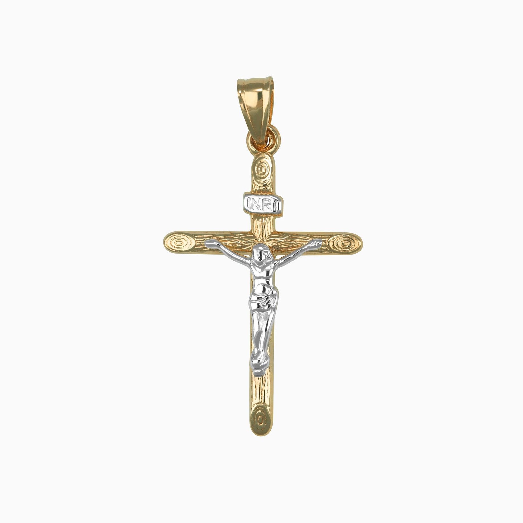 Dije Cruz con Relieve & Cristo Oro Blanco & Amarillo 14k