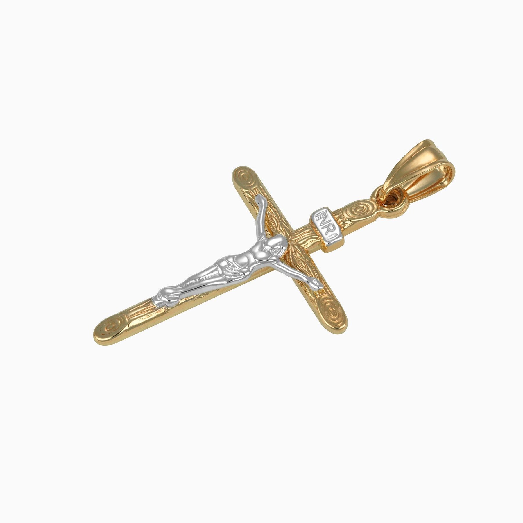 Dije Cruz con Relieve & Cristo Oro Blanco & Amarillo 14k